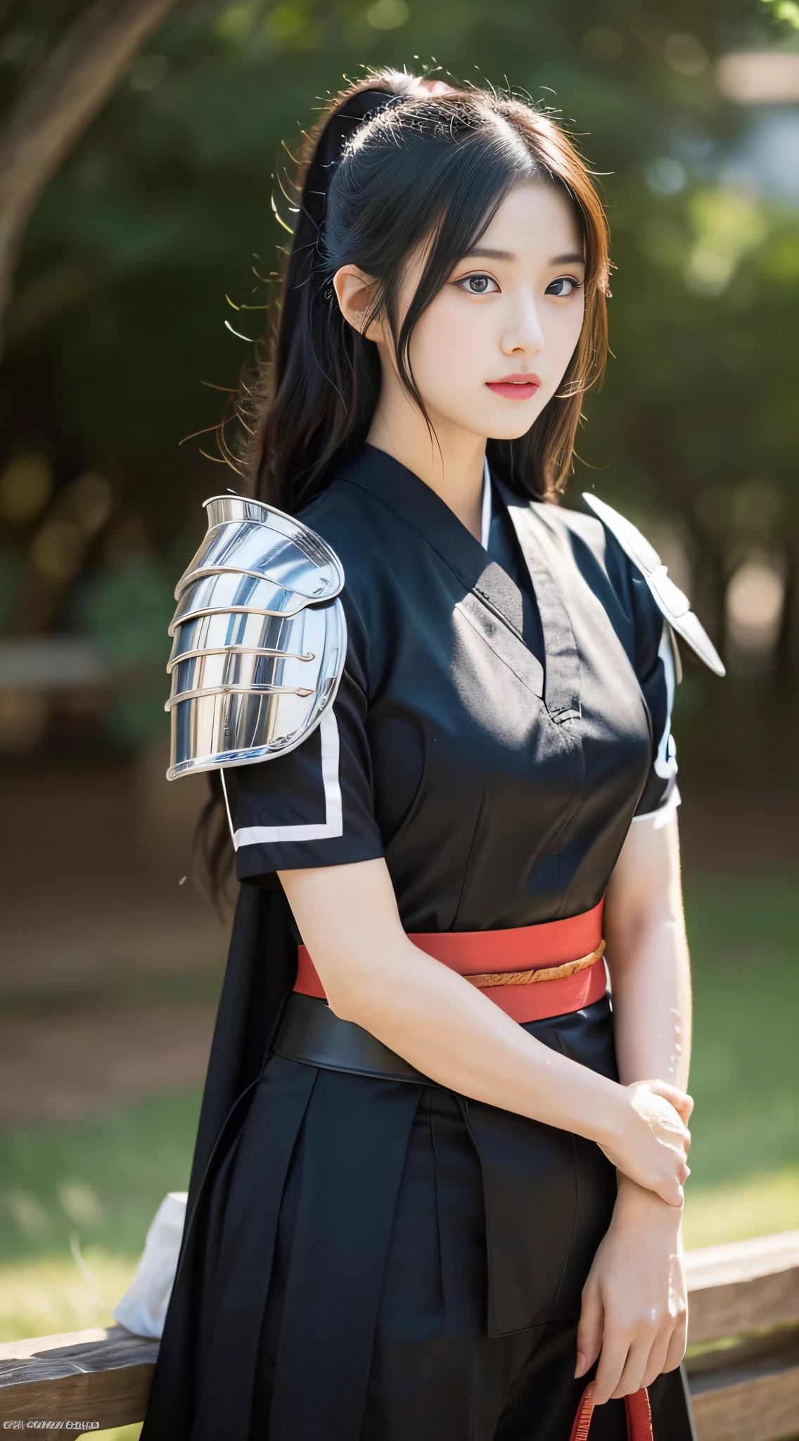 (((32ｋ,high detal,high-detail、​masterpiece,Attention to detail,full body Esbian,独奏,１teens girl))),Raw photo & realistic atmosphere,beautiful dark blue eyes,Detailed mouth,Detailed eyebrows,Shine in every detail,Eyes drawn in detail、Very beautiful eyes with azure eyes,Detailed lips、Infinite reality, ,Brave samurai of the Sengoku period, Smooth body１7  old beautiful girl,Samurai of the Sengoku period of Japan,the whole body is wet,Red water dripping,with a flushed face,Tremendously beautiful１7-year Sengoku samurai beauty girl,（youthfulness,Sharp eyes,Serious beautiful look,Armor samurai of the Sengoku period,Sengoku armor,Armor of the Warring States Period,Black shiny hair,Chonmage,showing your whole body,Detailed crisp armor,Beautiful luxurious Sengoku armor,Armoured pockets,torso,small hand,Sandals,Shoulder to shoulder,Sengoku Warlord,Sengoku Daimyo,A beautiful girl who was strongly influenced by Ranmaru Mori,The image of the whole body shining,Girl Like a Goddess on the Battlefield,Light makeup：1.8）