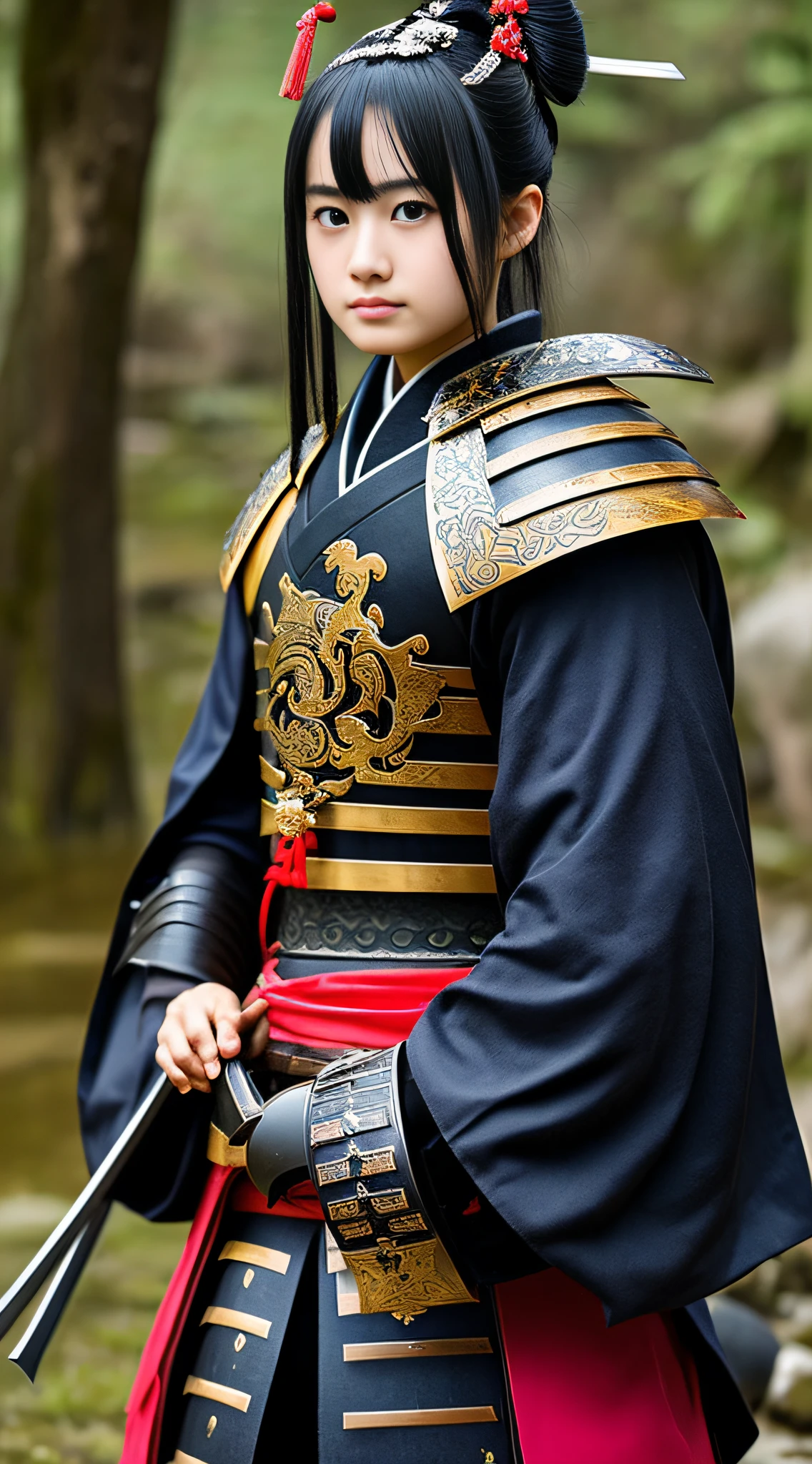 (((32k,high detal,high-detail、masterpiece,Attention to detail,full body Esbian,独奏,1teens girl))),Raw photo & realistic atmosphere,beautiful dark blue eyes,Detailed mouth,Detailed eyebrows,Shine in every detail,Eyes drawn in detail、Very beautiful eyes with azure eyes,Detailed lips、Infinite reality, ,Brave samurai of the Sengoku period, Smooth body17 year old beautiful girl,Samurai of the Sengoku period of Japan,the whole body is wet,Red water dripping,with a flushed face,Tremendously beautiful17-year-old Sengoku samurai beauty girl,(youthfulness,Sharp eyes,Serious beautiful look,Armor samurai of the Sengoku period,Sengoku armor,Armor of the Warring States Period,Black shiny hair,Chonmage,showing your whole body,Detailed crisp armor,Beautiful luxurious Sengoku armor,Armoured pockets,torso,small hand,Sandals,Shoulder to shoulder,Sengoku Warlord,Sengoku Daimyo,A beautiful girl who was strongly influenced by Ranmaru Mori,The image of the whole body shining,Girl Like a Goddess on the Battlefield,Light makeup:1.8)