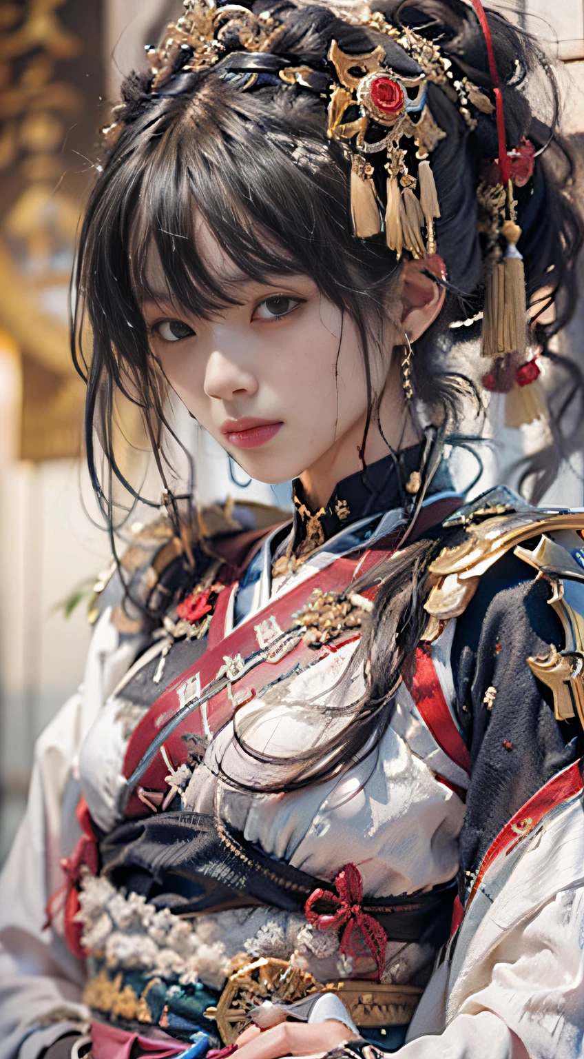 (((32k,high detal,high-detail、masterpiece,Attention to detail,full body Esbian,独奏,1teens girl))),Raw photo & realistic atmosphere,beautiful dark blue eyes,Detailed mouth,Detailed eyebrows,Shine in every detail,Eyes drawn in detail、Very beautiful eyes with azure eyes,Detailed lips、Infinite reality, ,Brave samurai of the Sengoku period, Smooth body17 old beautiful girl,Samurai of the Sengoku period of Japan,the whole body is wet,Red water dripping,with a flushed face,Tremendously beautiful17-year Sengoku samurai beauty girl,(youthfulness,Sharp eyes,Serious beautiful look,Armor samurai of the Sengoku period,Sengoku armor,Armor of the Warring States Period,Black shiny hair,Chonmage,showing your whole body,Detailed crisp armor,Beautiful luxurious Sengoku armor,Armoured pockets,torso,small hand,Sandals,Shoulder to shoulder,Sengoku Warlord,Sengoku Daimyo,A beautiful girl who was strongly influenced by Ranmaru Mori,The image of the whole body shining,Girl Like a Goddess on the Battlefield,Light makeup:1.8)