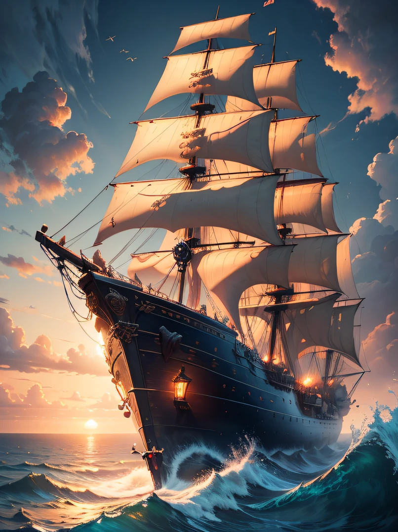 hightquality、hight resolution、masterpiece、Raw photography、lighting like a movie、detailed cover artwork、amazing wallpapers、Painting of a ship in the sea against the background of the sunset、Four-masted ship、Old pirate ship、Gothic ship of the sea、very detailed digital art、detailed paintings