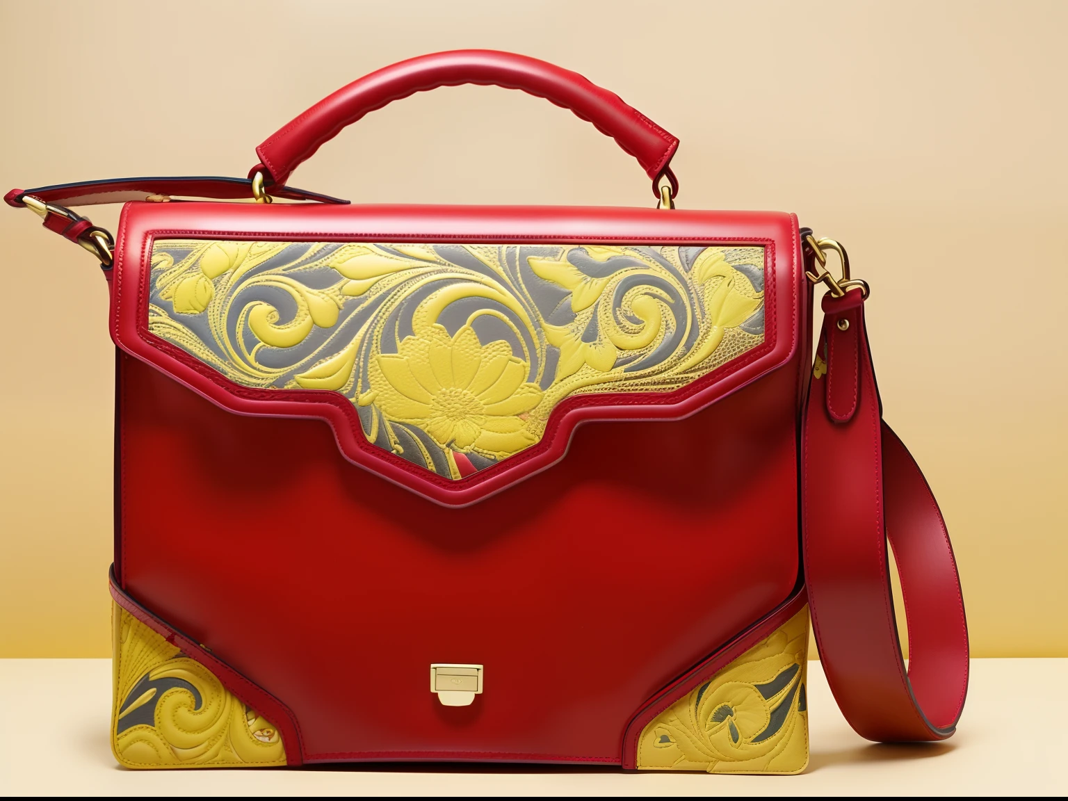 a red leather handbag with a yellow floral design on the front. The bag has a top handle and a long shoulder strap. The front of the bag has a yellow floral design with a small yellow flower in the middle. The bag has a flap with a gold buckle. The background is beige.led