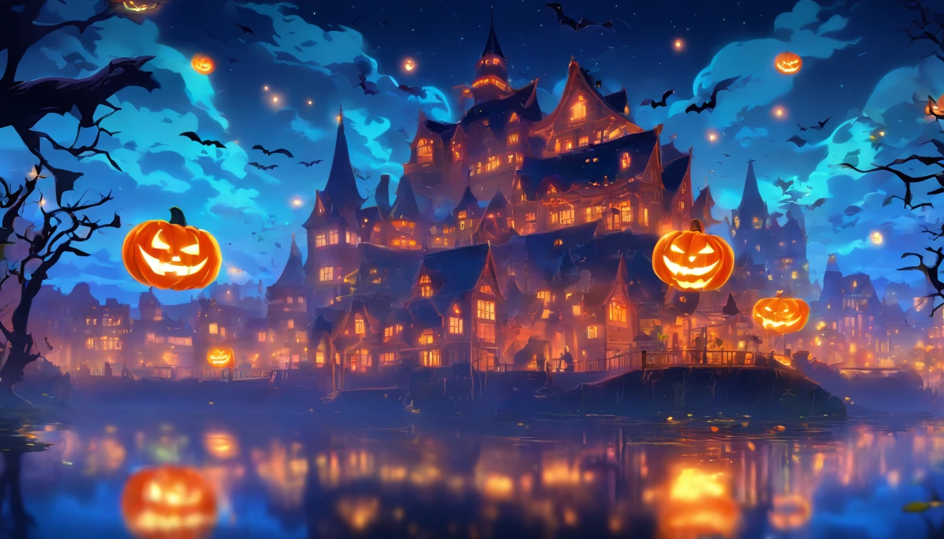 Halloween Floating Lights, Light and reflection in the film, glowing lights, Intermediate elements of the metaverse,Digital Painting, Bright Reflections, reflect, Halloween Jack-o'-lantern, Quiet night, Digital Illustration, lovely atmosphere, , Quiet atmosphere at night, Jack-o'-lantern, Halloween, it is night, 10, The game scene, Halloween, Surrounded by clouds, New York's Buildings, a moon、manhattan、Enamel Tile, beautifuly color, There are three arches in the foreground((Tinte Placing Ink) inky})), tmasterpiece, High career, graphics beautiful, high details,magnifica