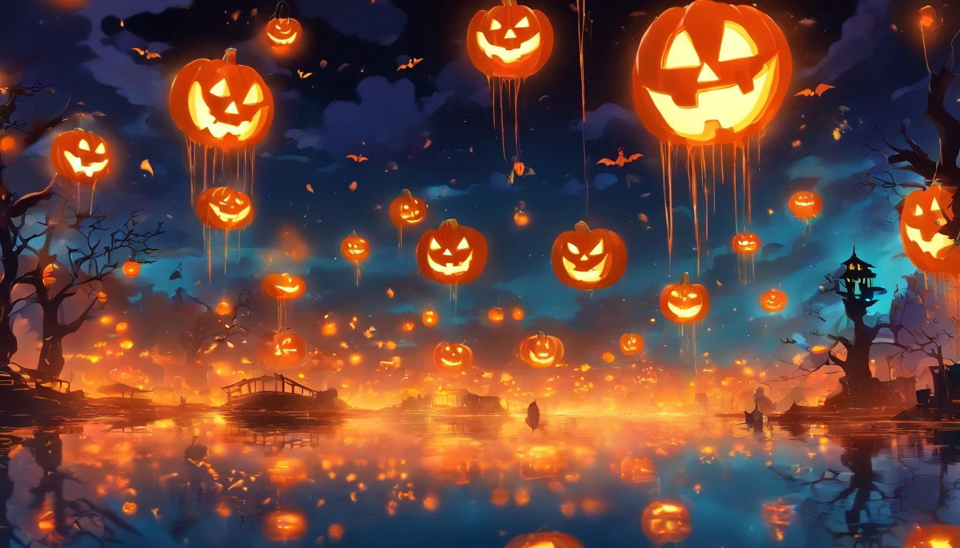 Halloween Floating Lights, Light and reflection in the film, glowing lights, Intermediate elements of the metaverse，Digital Painting, Bright Reflections, reflect, Halloween Jack-o'-lantern, Quiet night, Digital Illustration, lovely atmosphere, , Quiet atmosphere at night, Jack-o'-lantern, Halloween, it is night, 10, The game scene, Halloween, Surrounded by clouds, New York's Buildings, a moon、manhattan、Enamel Tile,  beautifuly color, There are three arches in the foreground((Tinte Placing Ink) inky})), tmasterpiece, High career, graphics beautiful, high details,magnifica