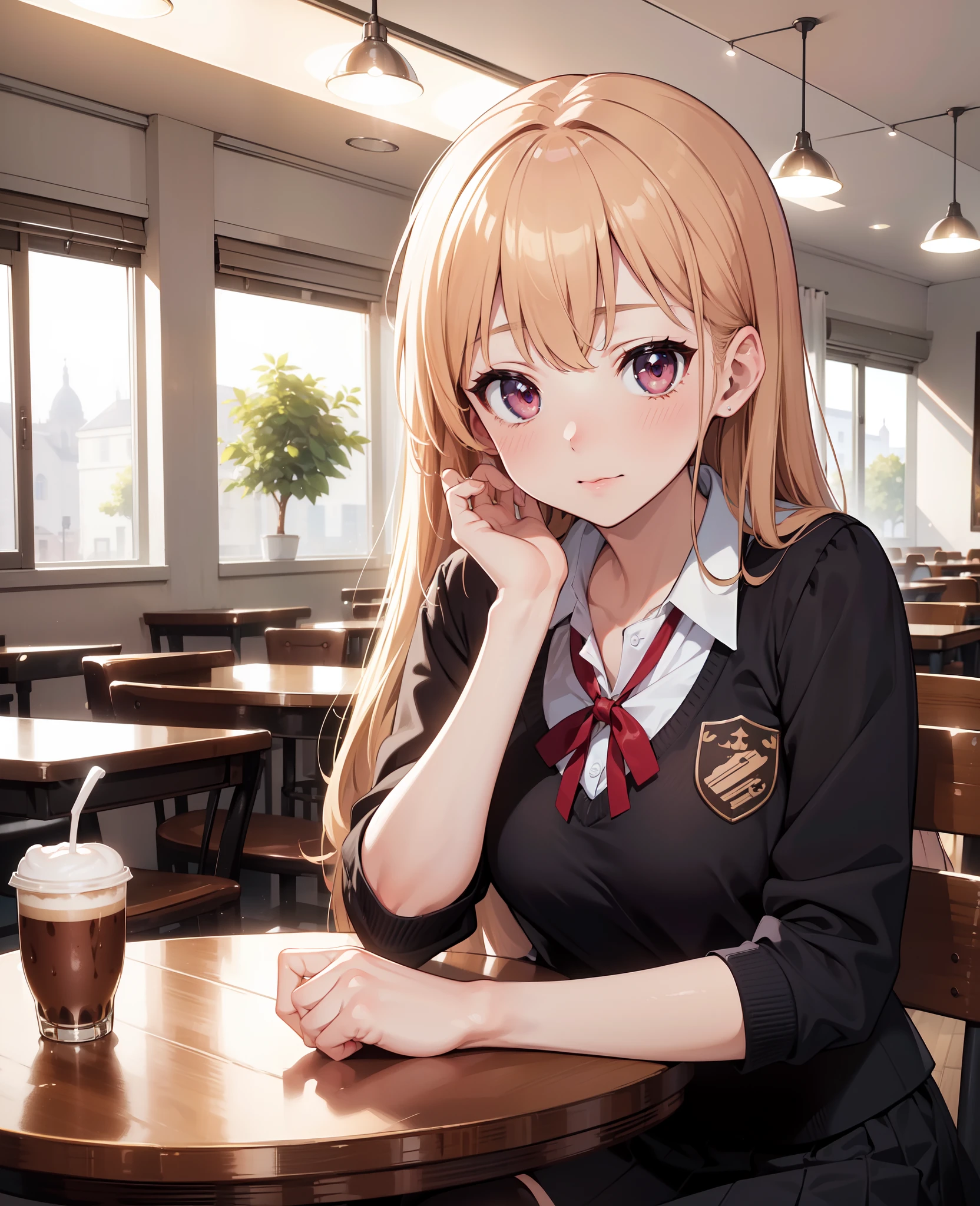 (masterpiece, best quality), (absurdres:1.2), (ultra detailed, 8K, ultra highres:1.2), 1girl, POV dating, cafe, coffee, sitting, table, blush, looking at viewer, upturned eyes, school uniform