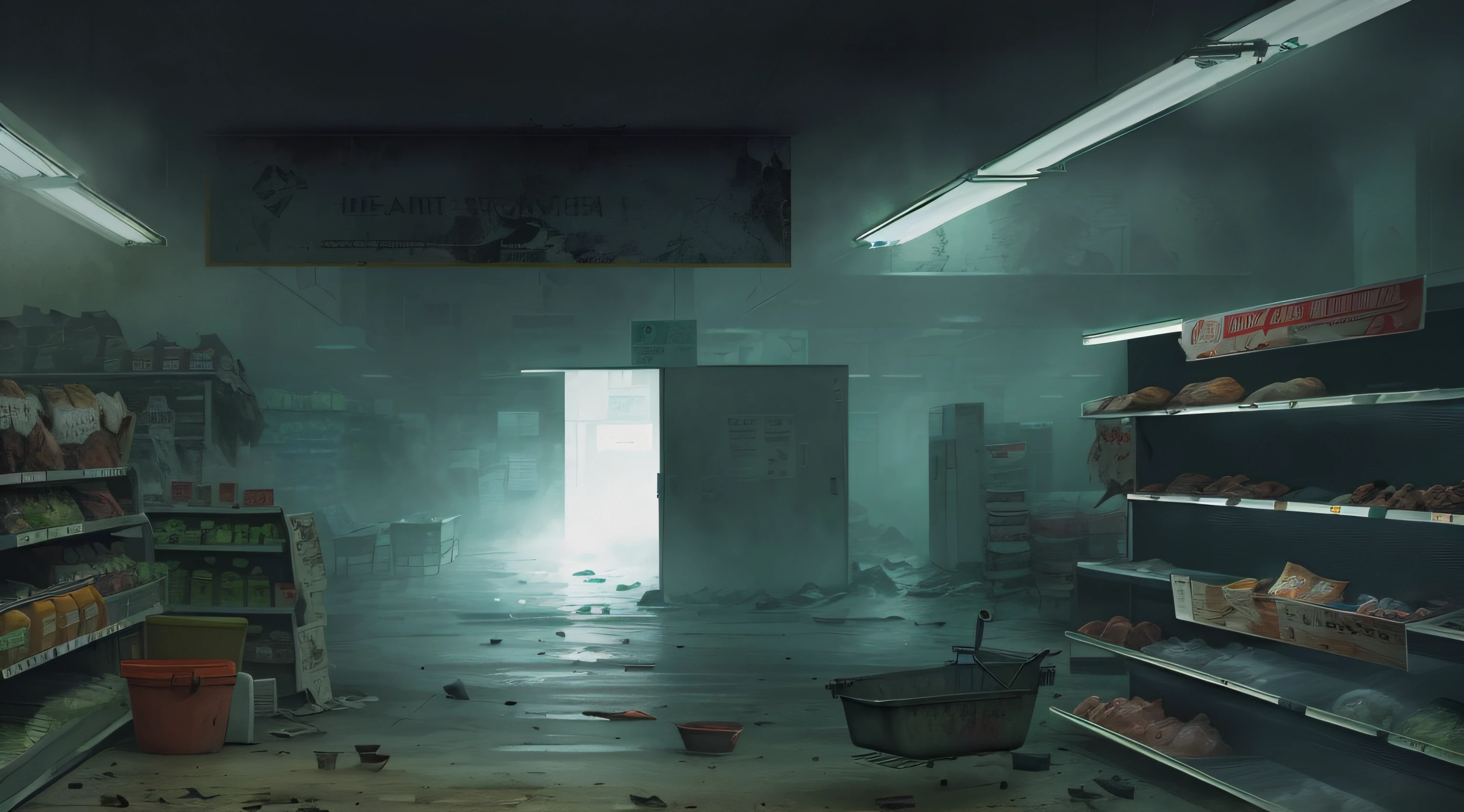 Clean and empty supermarket,photorealistic dark concept art, Spooky nostalgic concept art, Post-apocalyptic shopping malls, highly realistic concept art, dystopian digital concept art, Silent Hill Concept Art, Authors:Maxim Belekin, photorrealistic concept art, post apocalyptic atmosphere, detailed atmospheric and gritty