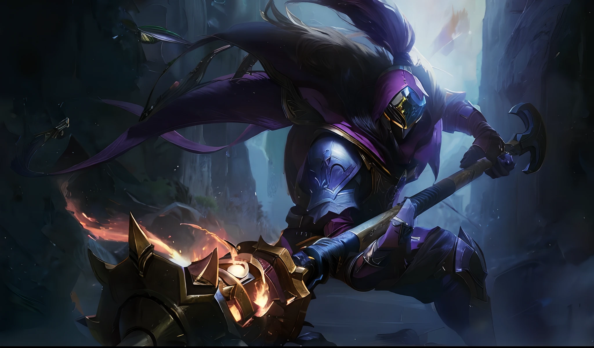 um close up de uma pessoa com uma espada e um fogo, Noturno de League of Legends, Shaco, de League of Legends, League of Legends arte splash, Personagem de League of Legends, Arte conceitual de League of Legends, Estilo de League of Legends, arte splash, Arte de League of Legends, League of Legends arcano, Arte do personagem de League of Legends, Leblanc