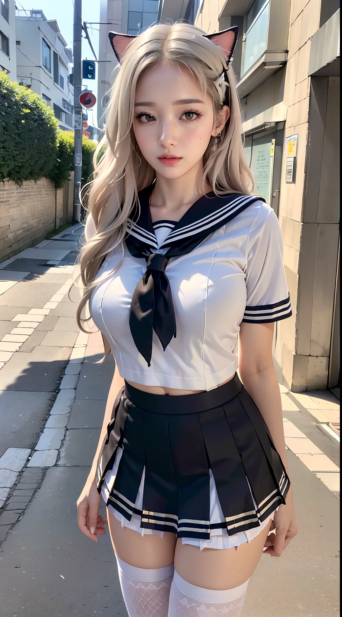 Photorealistic,Realistic illustration in Manga Style,((Masterpiece)),((Best quality)),((Ultra detailed)),((1girl)),((only)),((waifu:1.5)),Unreal Engine 5,Photon Mapping,Physically-based rendering, Perfect anatomy,Cute_face,Realistic Photo Of Instagram Young Exceptionally Beautiful Waifu Japanese Idol,In a modern city in Japan with the sun behind the buildings,((Wearing a White Schoolgirl Uniform Costume with Energy crystals)),((Black Fishnet Stockings)),((Sexy White Schoolgirl Uniform:1.3)),((Sexy White Sailor Skirt:1.3)),((Cat Ears)),((Light Albino Hair:1.3)),((Wavy Hair:1.3)),((Glowing-Red-Eyes)),Eyeliner,Cute Makeup,((Perfect Detailed Face,Perfect Detailed Eyes)),Cyberpunk City,rainy outside,night,Vivid Details,Maximum Details,Hyper Defined Details,((HDR,UHD,DSLR)),((Film Grain:1.3)),Fujifilm X-T4,((Extremely CG Unity 8K Wallpaper)),Intricate Detailing,Extremely Beautiful and Aesthetic,Octane Rendering,Full Body Portrait,Damp Skin,((Perfect Detailed Body)),