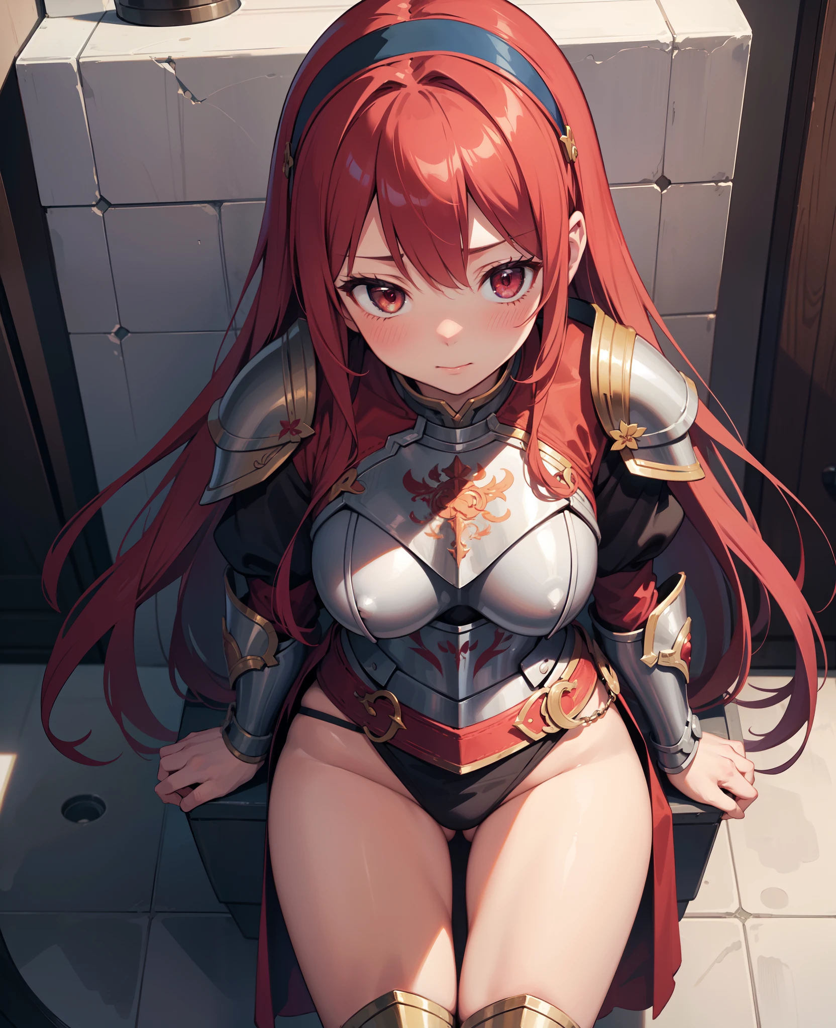 (masterpiece, best quality), intricate details,
1girl, yuuki, very long hair, red hairband, armor, breastplate
restroom, urinals, peeing, blushing, embarrassed,