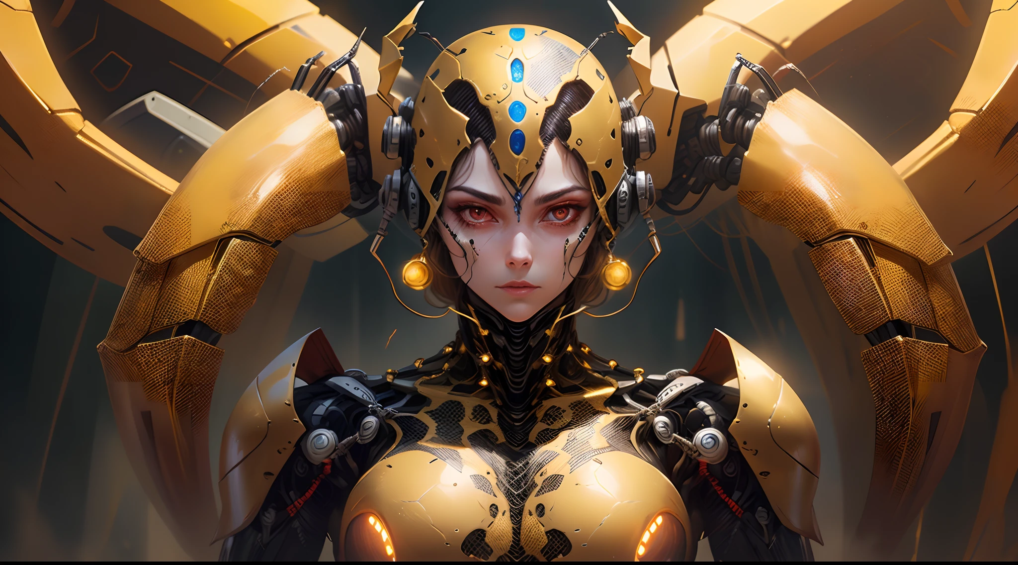 Masterpiece, robotic spider female, gold and black armor, robotic face, 4 glowing robotic red eyes, bipedal,black arachnid style