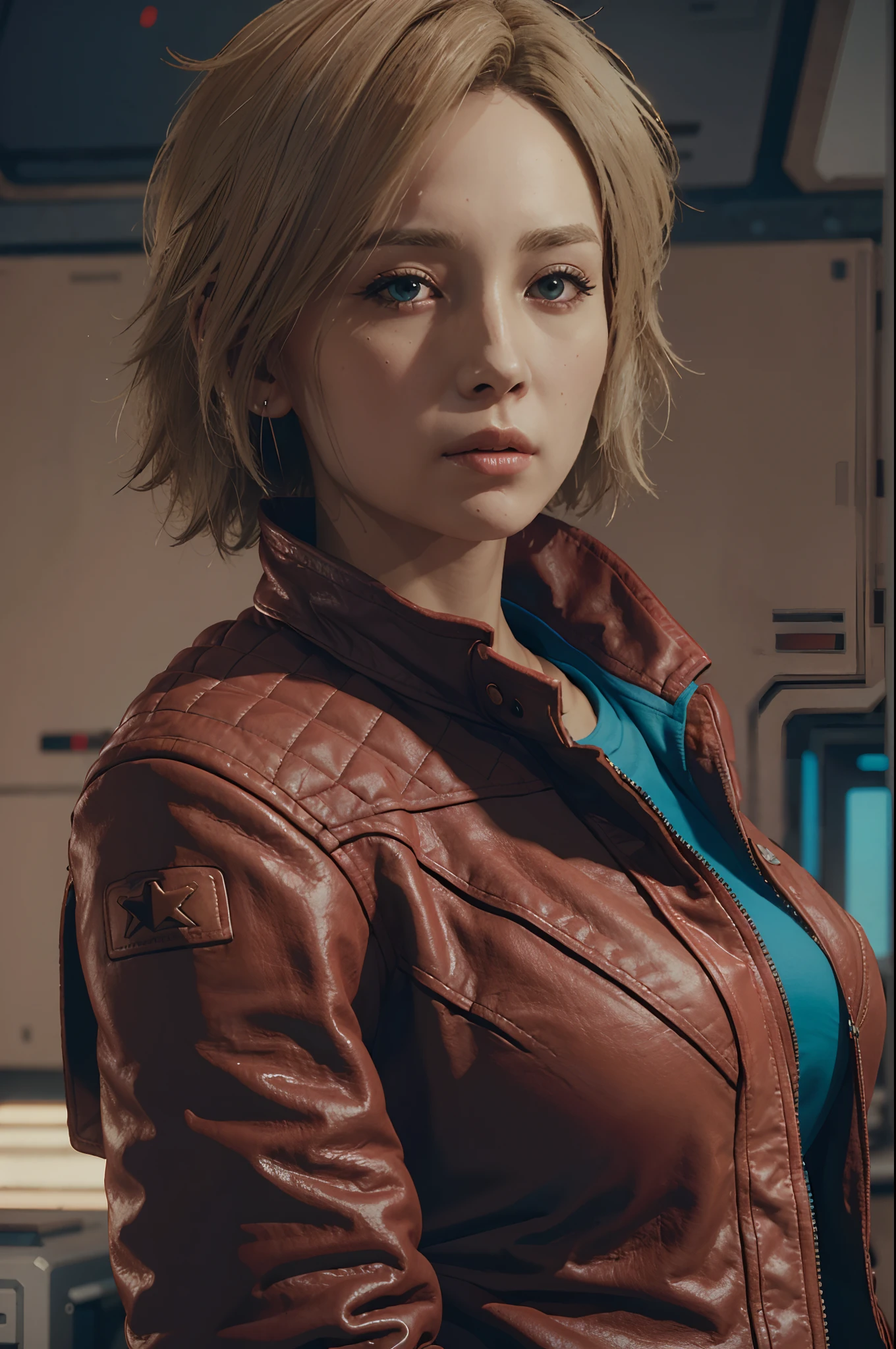 SarahStarfield, solo, realistic, jacket, leather jacket, huge breasts,blonde hair, looking at viewer, leather, upper body, shirt, short hair, red jacket, lips, brown hair, blue eyes