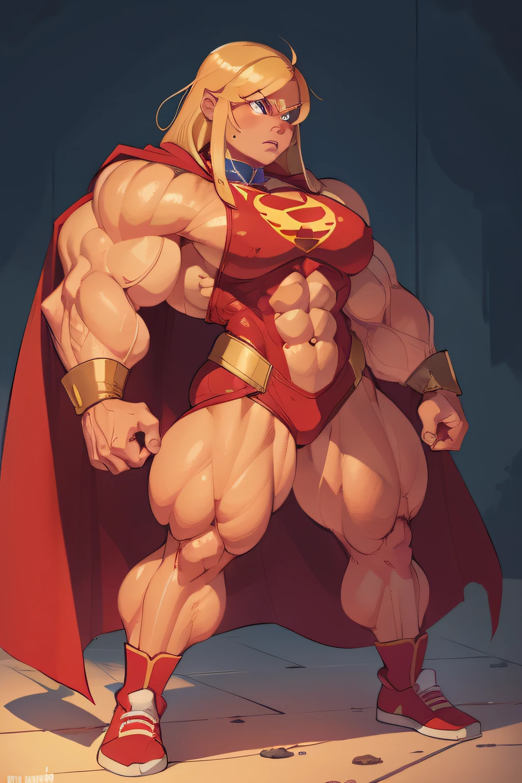 blond muscle woman with cornrows hair flexing muscles wearing superhero outfit with cape, muscle woman, big muscles, huge muscles, massive muscles, mature woman