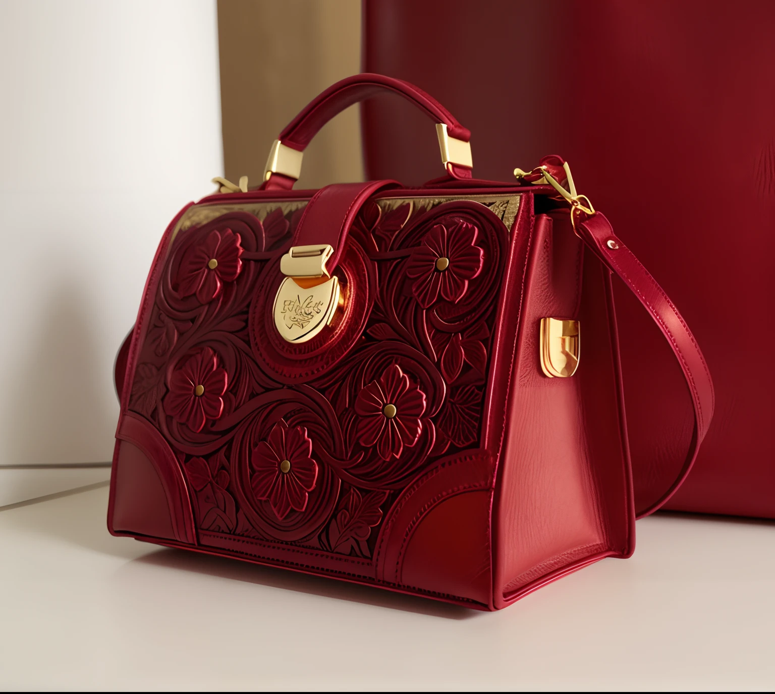 This is an actual photo of a red leather handbag with gold engraved designs on the front panel. The bag has a top handle and a detachable shoulder strap. The front panel has a gold engraved design of flowers and leaves. The bag has a gold lock and a key on the front panel. The bag has a red leather base with gold-plated metal legs.