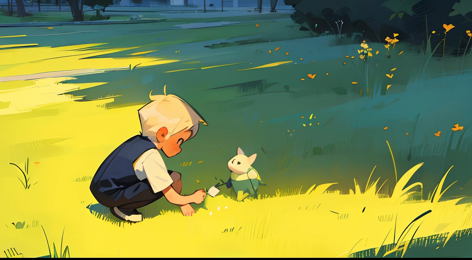 A little boy crouched on the grass, Perform a search action, Cute digital painting,
