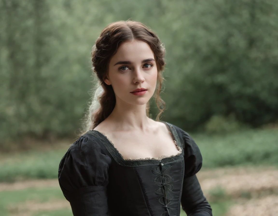 Uma jovem do Norte da Europa, 18 anos, Olhos verdes claros, Feliz, cara bonito, pele branca, brown hair, Cabelo Longo preto, delineador, nariz fino, wearing a black 19th century Victorian dress, Quarto ao fundo