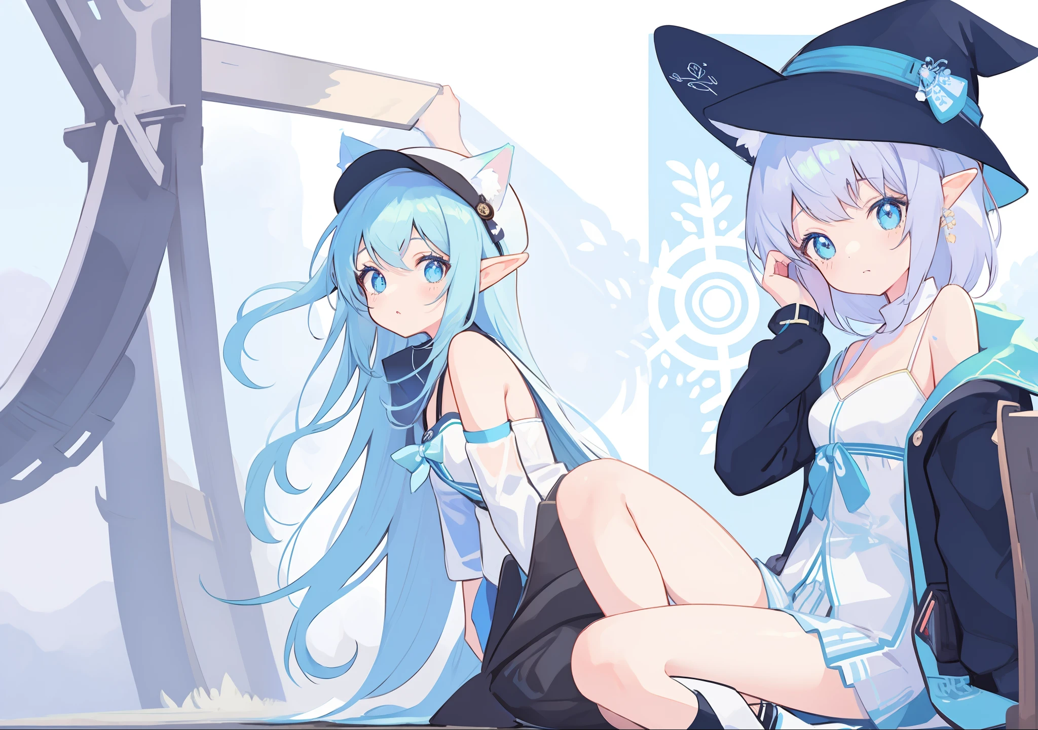 Anime girl sitting on the ground wearing hat and boots, Elf Girl, Cute anime girl, Digital art on Pisif , Digital anime illustration, Digital anime art!!, Pisif, Soft anime illustration, Pisif Contest Champion, Anime style portrait, Cute anime style, **** in dress, zerochan art, pretty anime girl, Blue Elf, anime girl with cat ears