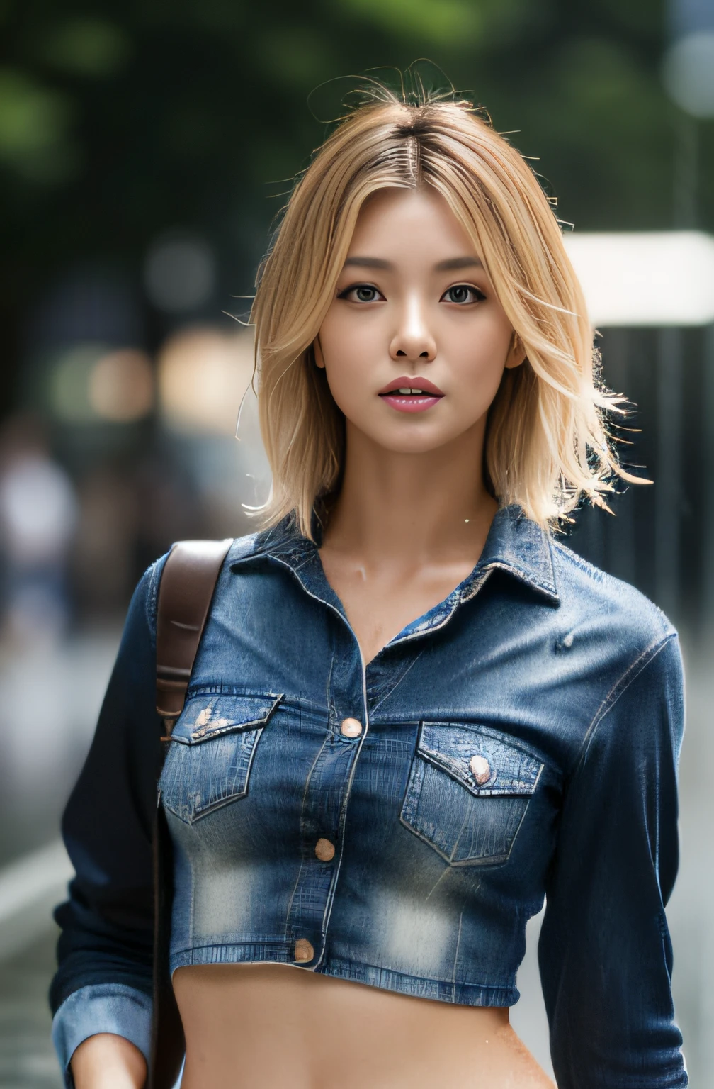 (masterpiece:1.2), ultra detailed, ultra high res, (realistic, photo realistic:1.37), high detail RAW color photo, professional photograph, an extremely delicate and beautiful, extremely detailed, finely detail, huge file size, extremely detailed beautiful girl, extremely detailed face, extremely detailed eyes, extremely detailed skin, extremely detailed nose, extremely detailed mouth, perfect anatomy, highly detailed background, shiny skin, (Japanese famous actress:1.2), (gyaru:1.25), flat chest, (brown race, dark skin, blond hair:1.55), (very shortcut hair:1.3), (denim shirts with less cloth:1.2), (midriff peek:1.2), (heavy rain:1.4), (wet hair, wet skin, wet cloth:1.4), water drops, (full body:1.3), cinematic lighting, (dynamic pose:1.35), (shibuya:1.35)