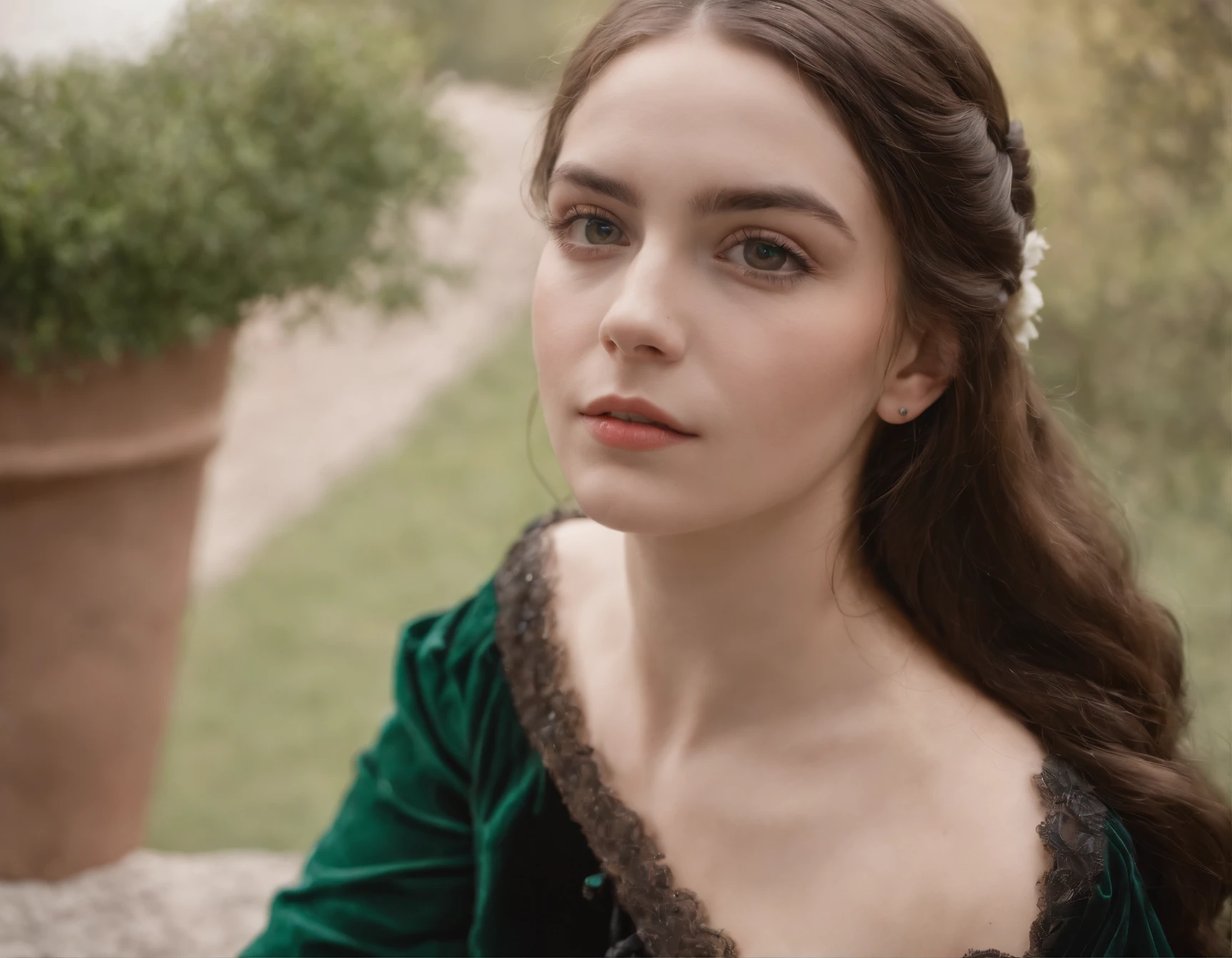 Uma jovem do Norte da Europa, 18 anos, Olhos verdes claros, Feliz, cara bonito, pele branca, brown hair, Cabelo Longo preto, delineador, nariz fino, wearing a black 19th century Victorian dress, Quarto ao fundo