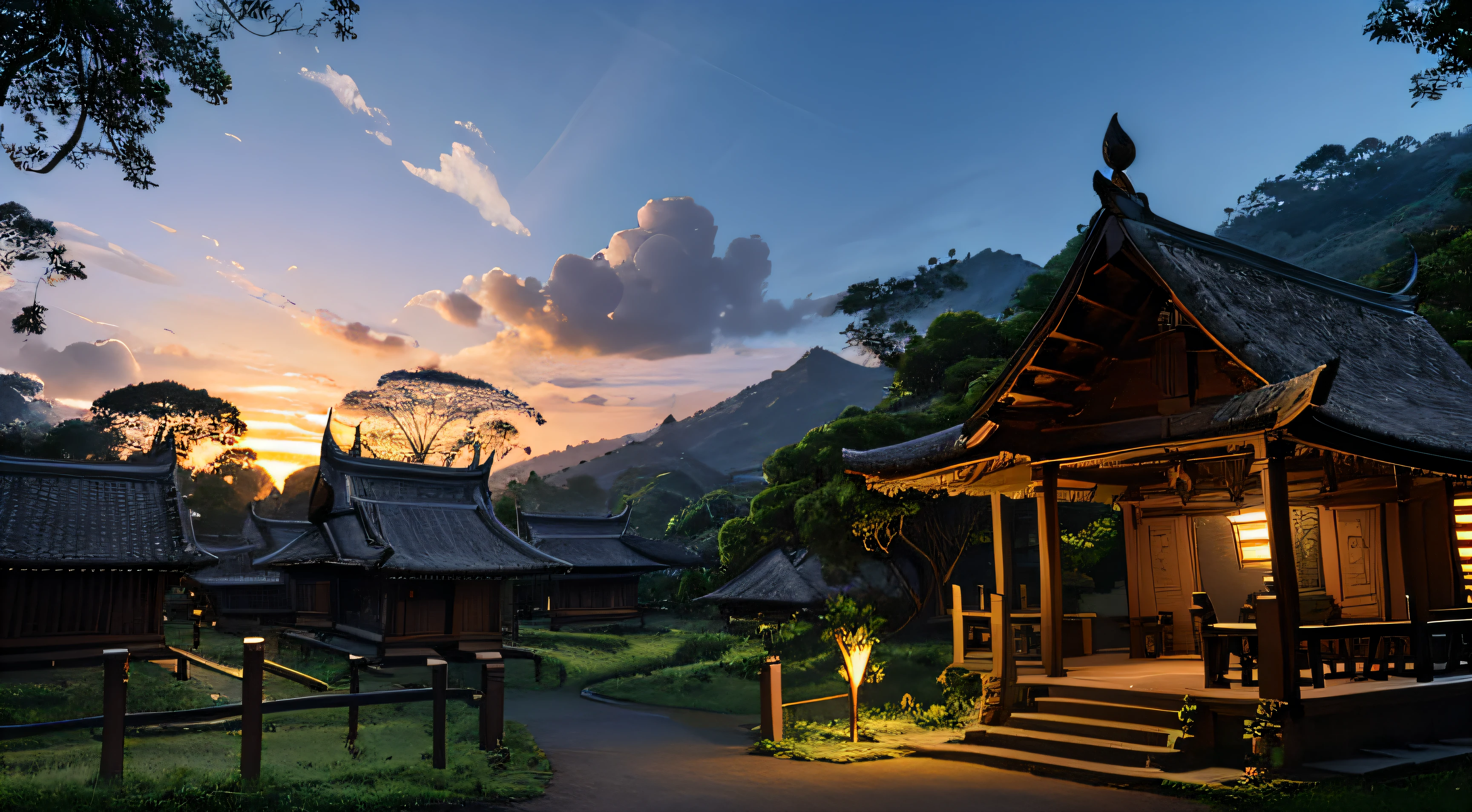 A balinese village at dusk with a volanoe in the background, ultrarealistic, temples, forest