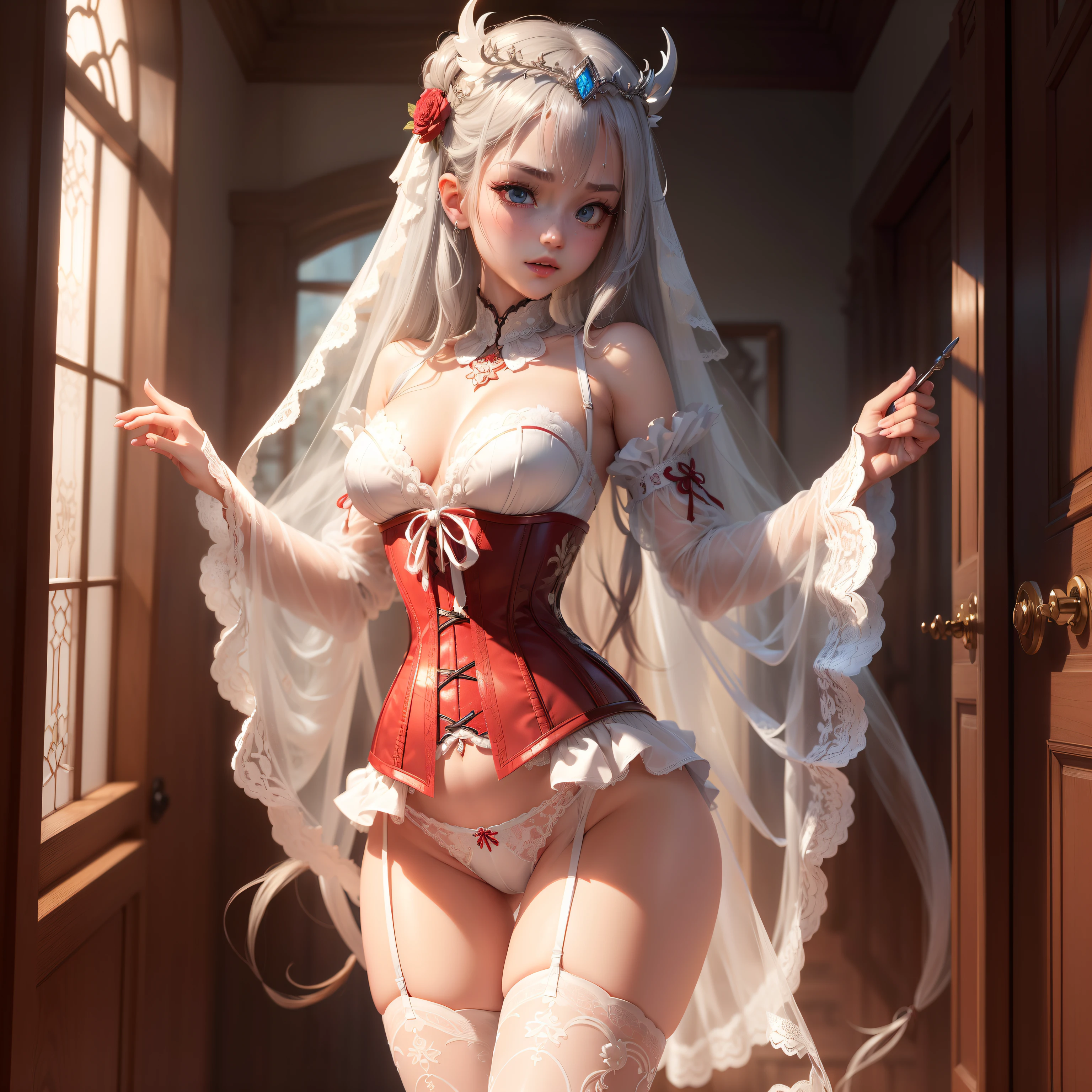 ((the Extremely Detailed CG Unity 8K Wallpapers)), masutepiece, Ultra-detailed, floating, High resolution, Sexually suggestive, (Petite, ridiculously long gray hair, Princess, White Devil Taoism, Blue eyes, (White and red see-through gorgeous panties、Long sleeves and intricate embroidery), Bridal Veil, circlet, bridal gauntlets, Blushing, Shy,Glamorous see-through corset,Skinny Legs,White panty,