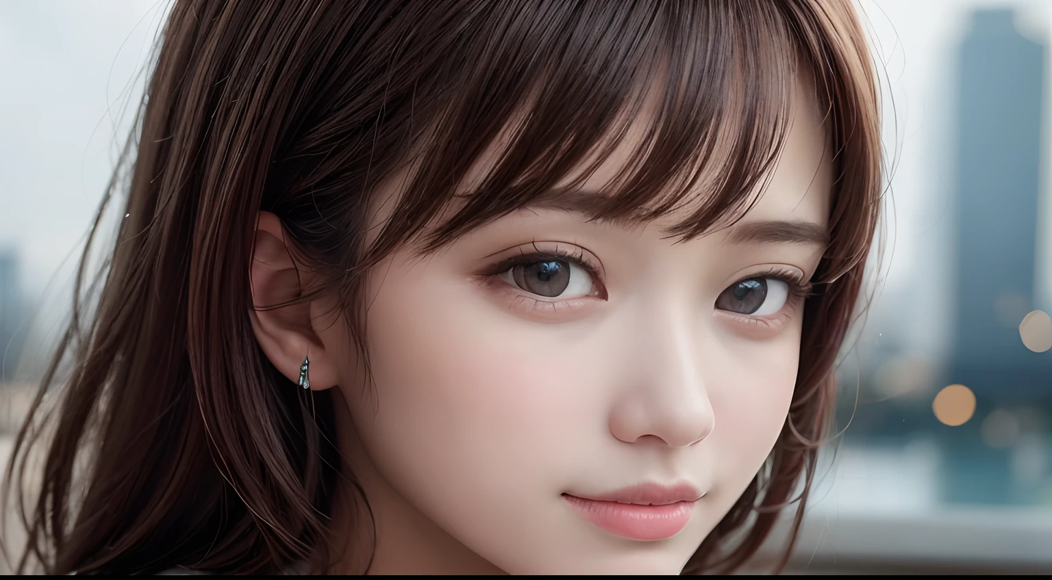 ​masterpiece, top-quality, 8K, absurderes, (The upper part of the body:1.4), whiteshirt, beautiful a girl, Clean face, looking at the viewers, A smile, A hyper-realistic, hight resolution, Pictures, foco nítido, nffsw, face lights, Dynamic lighting, Movie Lighting, Professional Shadows, beautiful cityscape background, highestdetailed, ighly detailed, ultra-detailliert, finely detail, authentic skin, Delicate facial features, Detailed face and eyes, Sharp pupils、Realistic pupils