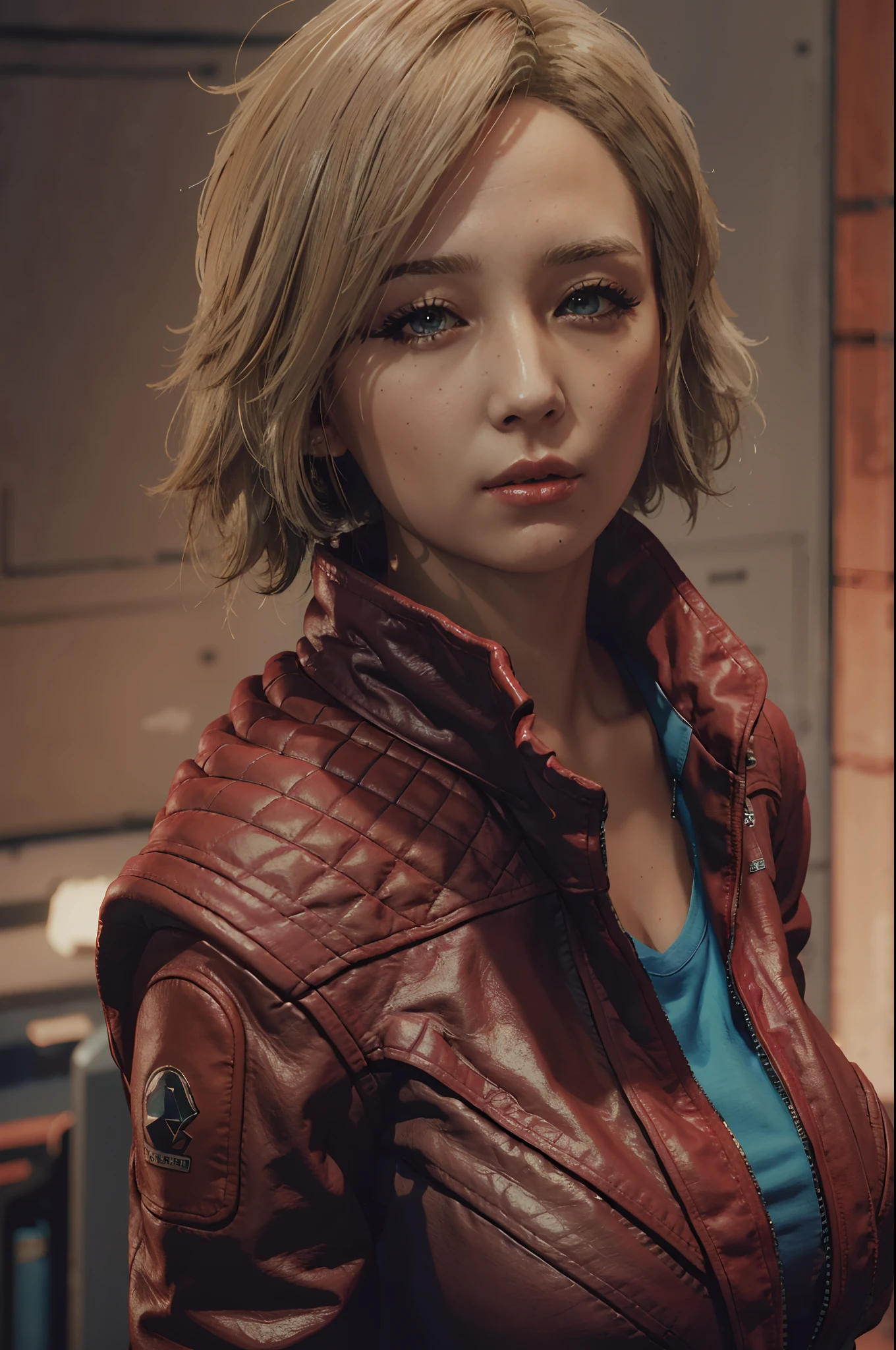 SarahStarfield, solo, realistic, jacket, leather jacket, (huge breasts:1.2)blonde hair, looking at viewer, leather, upper body, shirt, short hair, red jacket, lips, brown hair, blue eyes