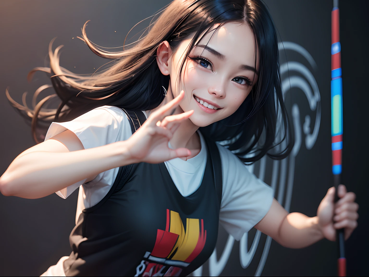 Wearing a shirt with a black and white pattern、Digital painting of a blurred face with raised hand in stop gesture, Blue screen with spreadsheet and dartboard background, High quality, Realistic, Sharp Focus, Vibrant Colors – AR 3:2 – Rainbow、Sauce order、Palm forward、with her arms outstretched、a smile、Reverse、