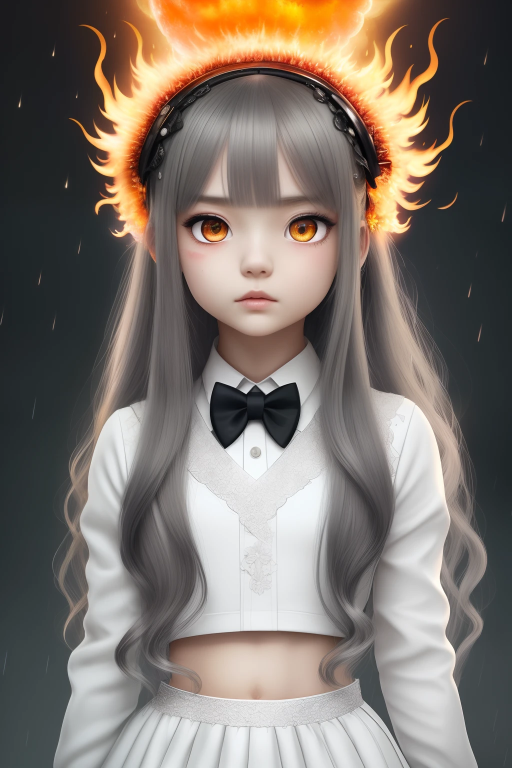 masutepiece,Best Quality, Illustration,{Beautiful detailed girl},Beautiful detailed glow,(flame of war:1.2),(nuclear explosion behide:1.3),Rain,Detailed Lighting,detailed water,(Beautiful detailed eyes:1.1),deadpan,palatial palace,Azure hair,disheveled hair,Long bangs,hairs between eyes,(whitegrey dress:1.1),a black ribbon,white bow ties,Midriff,big forhead,blank stare,flower,Long sleeves