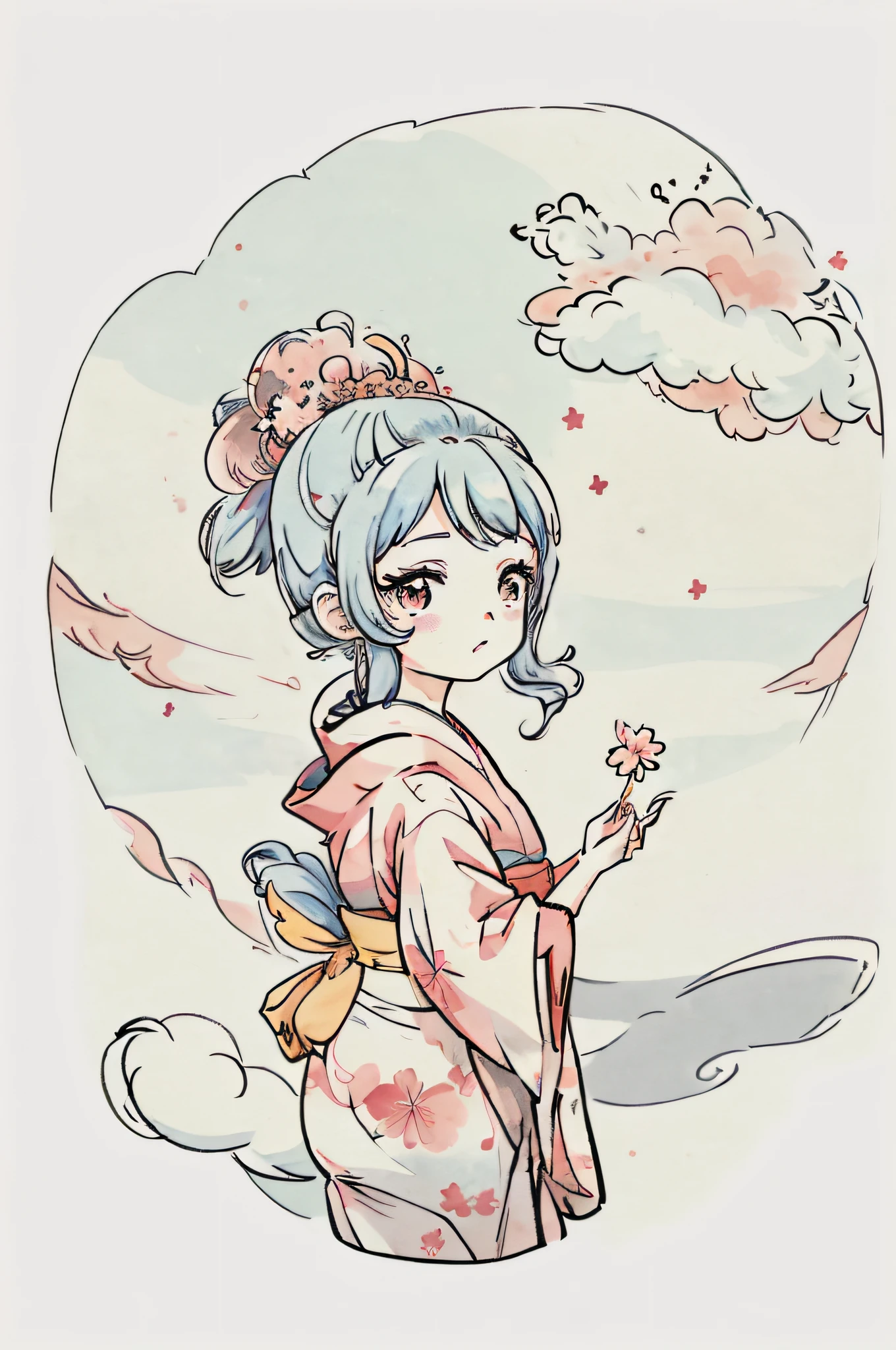 1 sticker, sticker, nikkaze, (cute girl), (gorgeous kimono), (gorgeous hair accessory), (Japanese traditional hairstyle), cherry blossoms, clouds, behind is a huge round moon, stars, white background, no background, simple background, minimal, cute, tiny, pastel color, vector style, no gradient