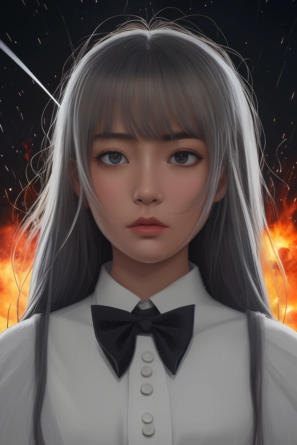 masutepiece,Best Quality, Illustration,{Beautiful detailed girl},Beautiful detailed glow,(flame of war:1.2),(nuclear explosion behide:1.3),Rain,Detailed Lighting,detailed water,(Beautiful detailed eyes:1.1),deadpan,palatial palace,Azure hair,disheveled hair,Long bangs,hairs between eyes,(whitegrey dress:1.1),a black ribbon,white bow ties,Midriff,big forhead,blank stare,flower,Long sleeves