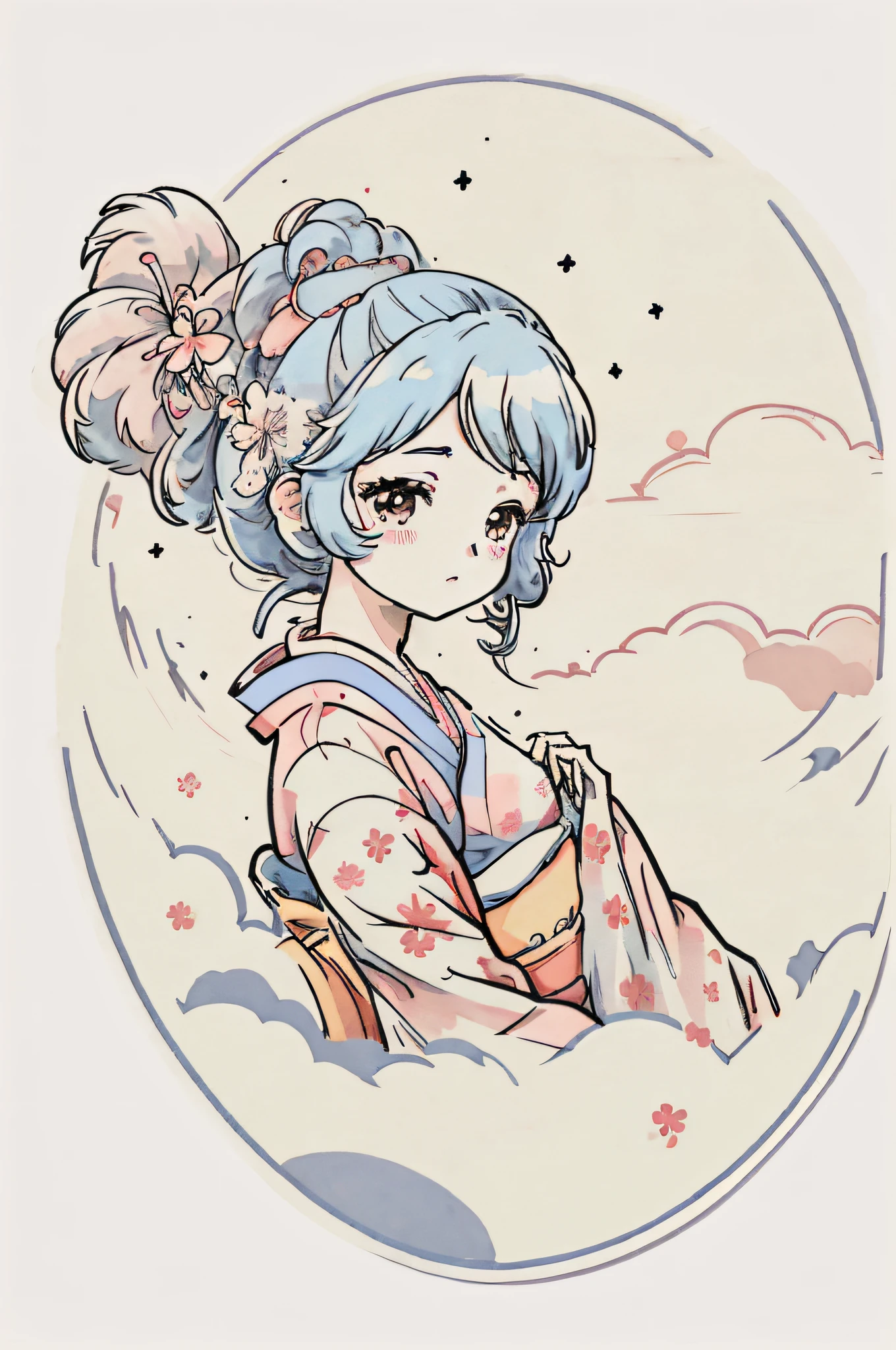 1 sticker, sticker, nikkaze, (cute girl), (gorgeous kimono), (gorgeous hair accessory), (Japanese traditional hairstyle), cherry blossoms, clouds, behind is a huge round moon, stars, white background, no background, simple background, minimal, cute, tiny, pastel color, vector style, no gradient