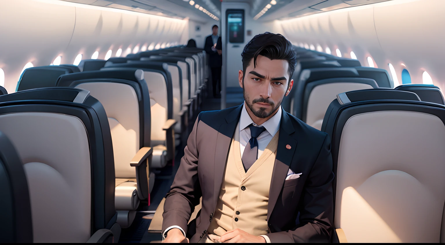 a businessman inside a commercial airplane, stoic