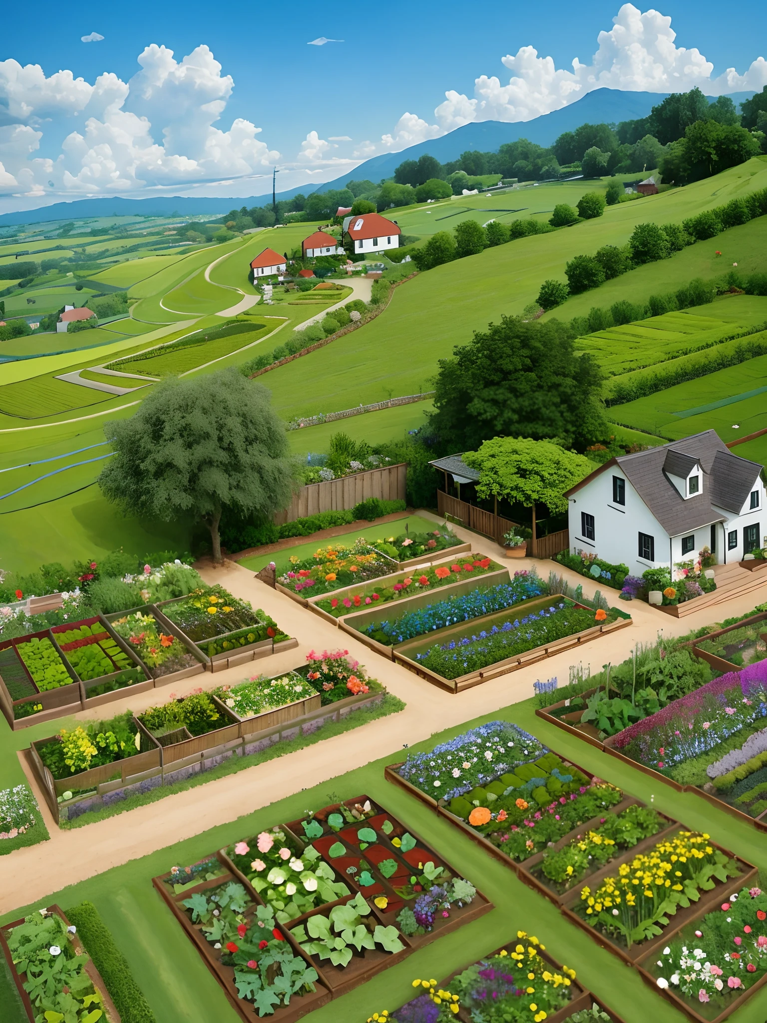 Araffed Garden with fields full of various vegetables and flowers, gardening, lush farm lands, Beautiful garden, cottagecore flower garden, flowers garden, garden at home, Garden with flower background, idyllic and fruitful land, in a cottagecore flower garden, Home and garden, Realistic garden, with a garden as foreground, garden with flowers