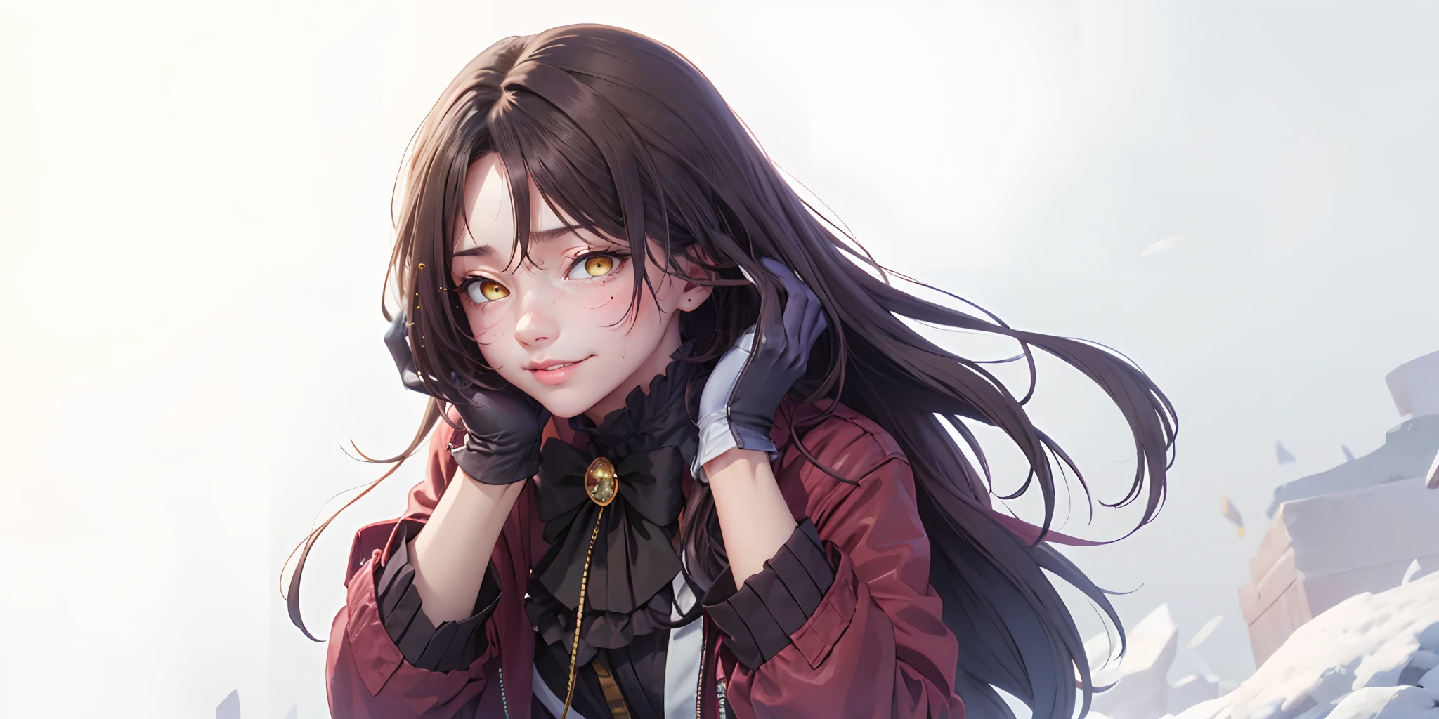 (black hair, long hair:1.5), yellow eyes, 1girl, gloves, long_hair, red_jacket, solo, lips, white_gloves, jacket, parted_lips, upper_body, adjusting_hair, looking_at_viewer, long_sleeves, hand_in_hair