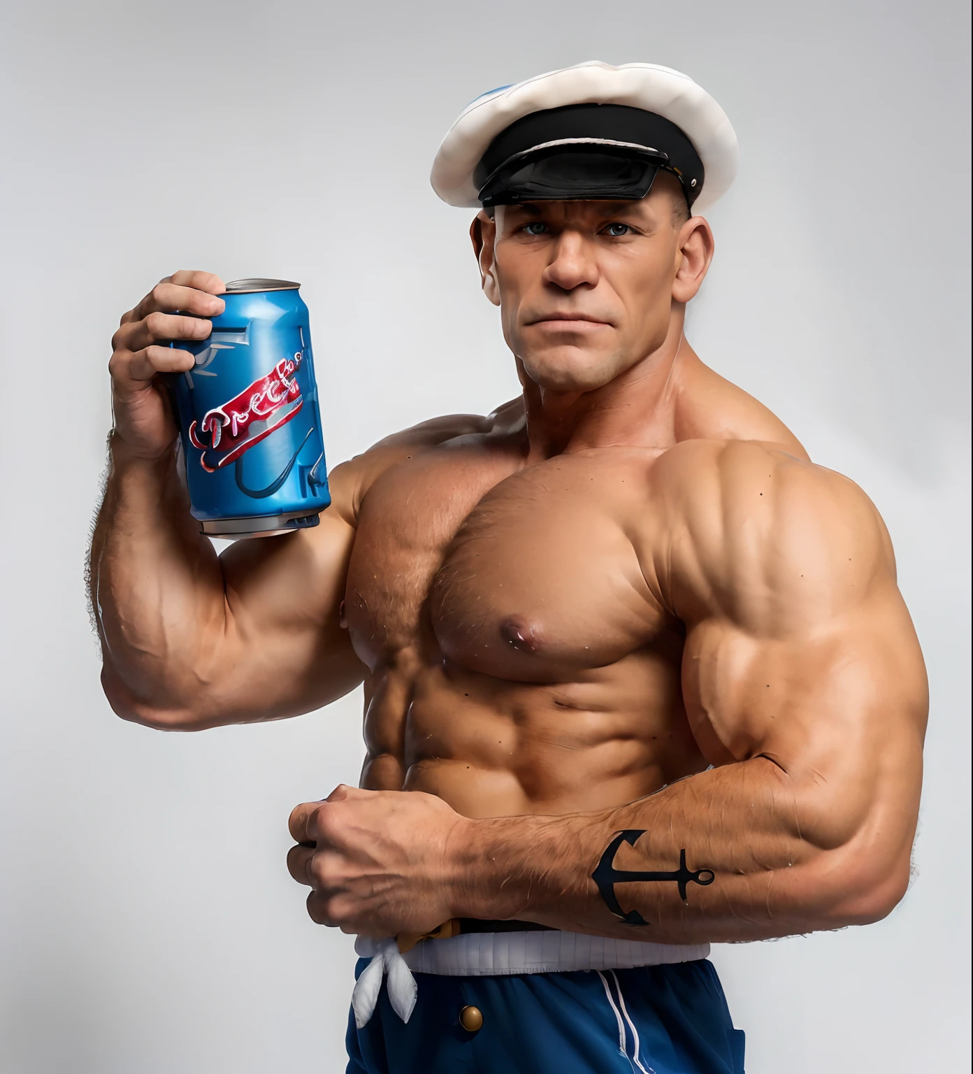 (8k photo:1.7) of man ,(realistic:1.3), (shirtless:1.4), popeye holding can between biceps and forearm, popeye showing abs, shredded abs, (popeye:1.1), (flexing biceps:1.3), (holding can with biceps:1.4), natty lifter man in a (white sailor's hat:1.3), (popeye's costume:1.4), big biceps, natty muscles, natural muscles, very beautiful, (anatomically correct:1.2