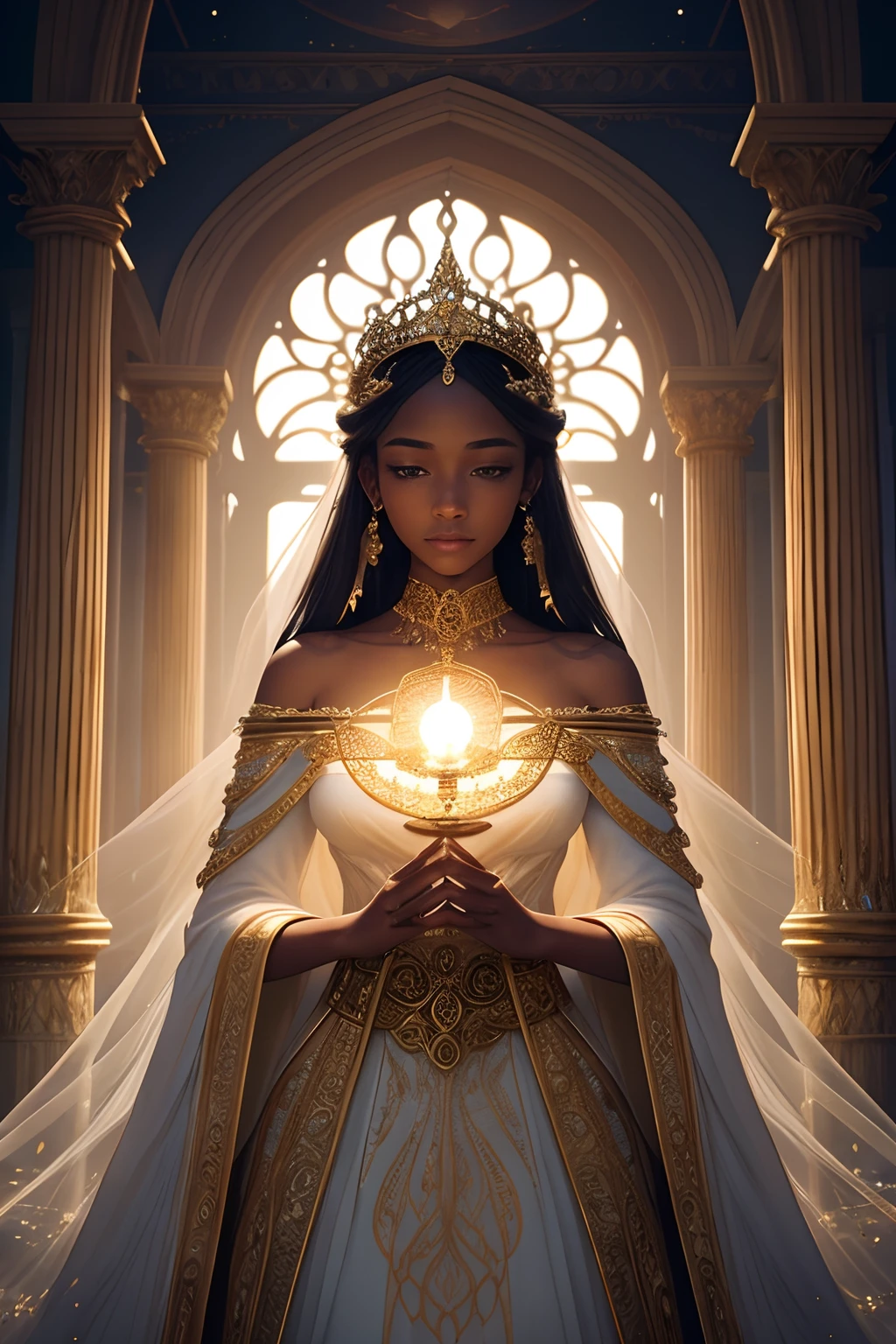 "Imagine a striking image of a beautiful young Black African princess, adorned in an elegant, long, golden-white gown that flows gracefully around her. A delicate tiara made of white flowers graces her head, accentuating her regal presence. Her radiant smile and warm, freckled cheeks add to her charm, making her a vision of both grace and natural beauty."

 Midjourney-inspired, flowing, elaborate details, pure essence, philosophical depth, illuminating light, exquisite intricacies, celestial beauty, psychedelic wonder, captivating otherworldliness, grainy, surrealistic ambiance, ethereal, dreamlike, visually immersive experience, Midjourney-inspired Flowing composition Elaborate details Pure essence Bright and radiant Intricately crafted Unreal Engine aesthetics Philosophical depth Illuminating light Joyful atmosphere Noble character Exquisite intricacies 3D rendering excellence Celestial beauty Psychedelic wonder Enchanting allure Captivating otherworldliness Grainy mystique Surrealistic ambiance Ethereal and dreamlike Visually immersive experience High-quality craftsmanship, Create an image that delves deep into the intricate labyrinth of the human psyche, where thoughts, emotions, and memories converge into a tapestry of complexity and wonder. Capture the essence of our inner world, reflecting the interplay of light and shadow, chaos and order, to unveil the enigma that is the human mind 'i understand' 
ChatGPT
I understand your request. To create an image that encapsulates the human psyche with all the provided descriptors and elements, it would be an intricate and surreal composition. Imagine a Midjourney-inspired, visually immersive experience that delves deep into the human psyche. The image features an ethereal, dreamlike landscape where elaborate details intermingle with pure essence, creating an otherworldly tapestry.

In this surrealistic ambiance, an enigmatic figure stands at the crossroads of chaos and order, illuminated by the philosophical depth of t