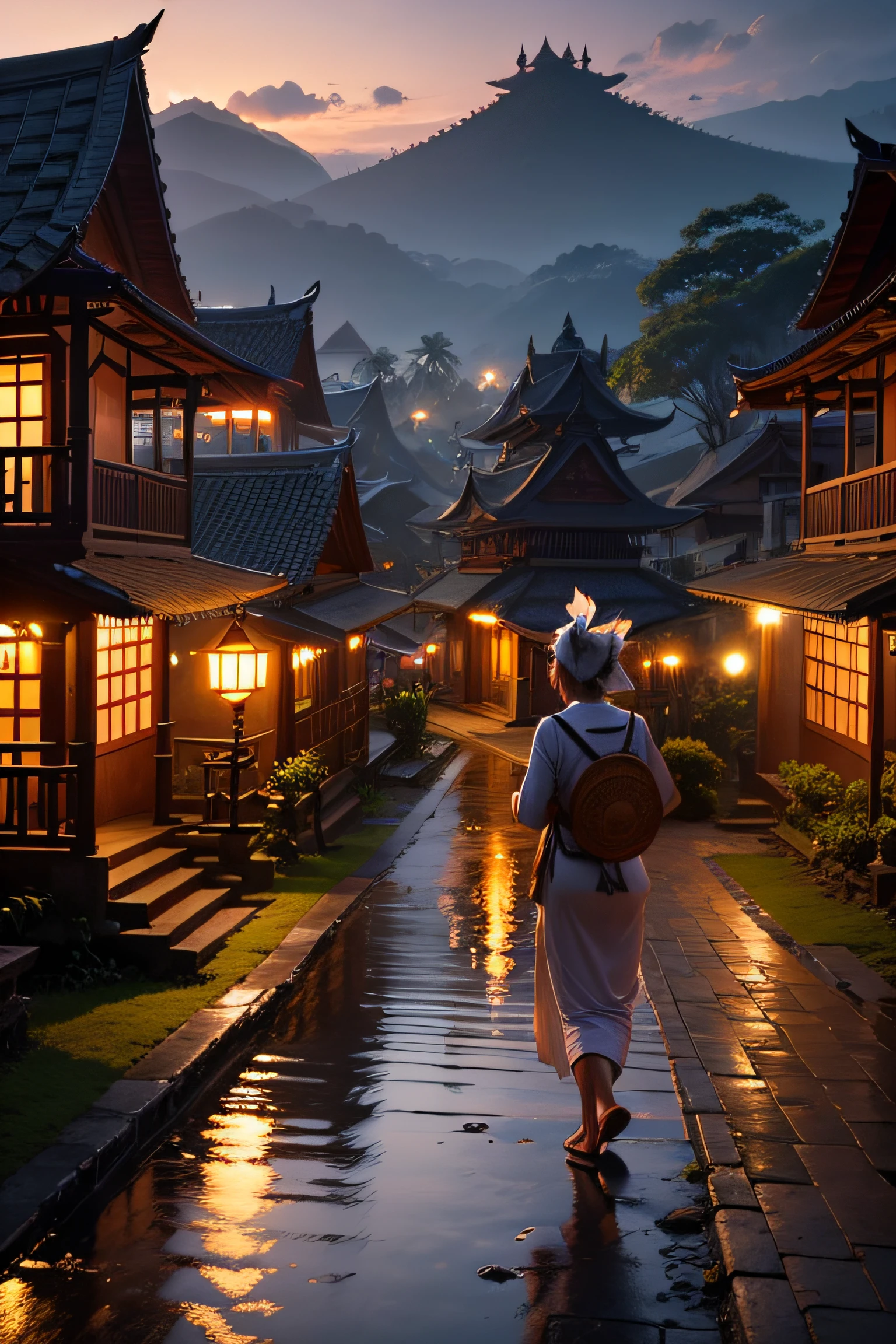 A balinese village at dusk with a volanoe in the background in the style of Matesse, ultrarealistic, temples, fores