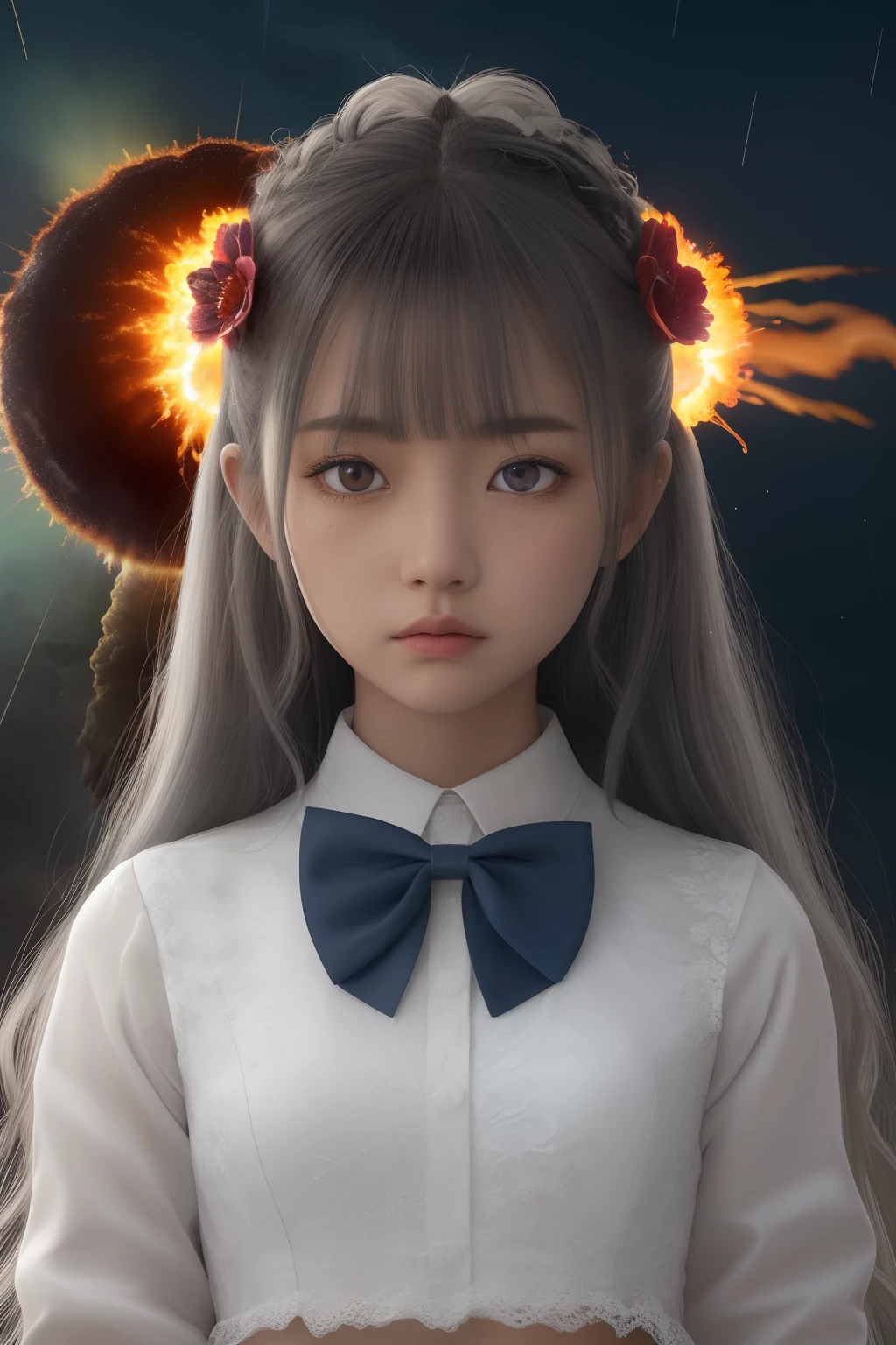masutepiece,Best Quality, Illustration,{Beautiful detailed girl},Beautiful detailed glow,(flame of war:1.2),(nuclear explosion behide:1.3),Rain,Detailed Lighting,detailed water,(Beautiful detailed eyes:1.1),deadpan,palatial palace,Azure hair,disheveled hair,Long bangs,hairs between eyes,(whitegrey dress:1.1),a black ribbon,white bow ties,Midriff,big forhead,blank stare,flower,Long sleeves