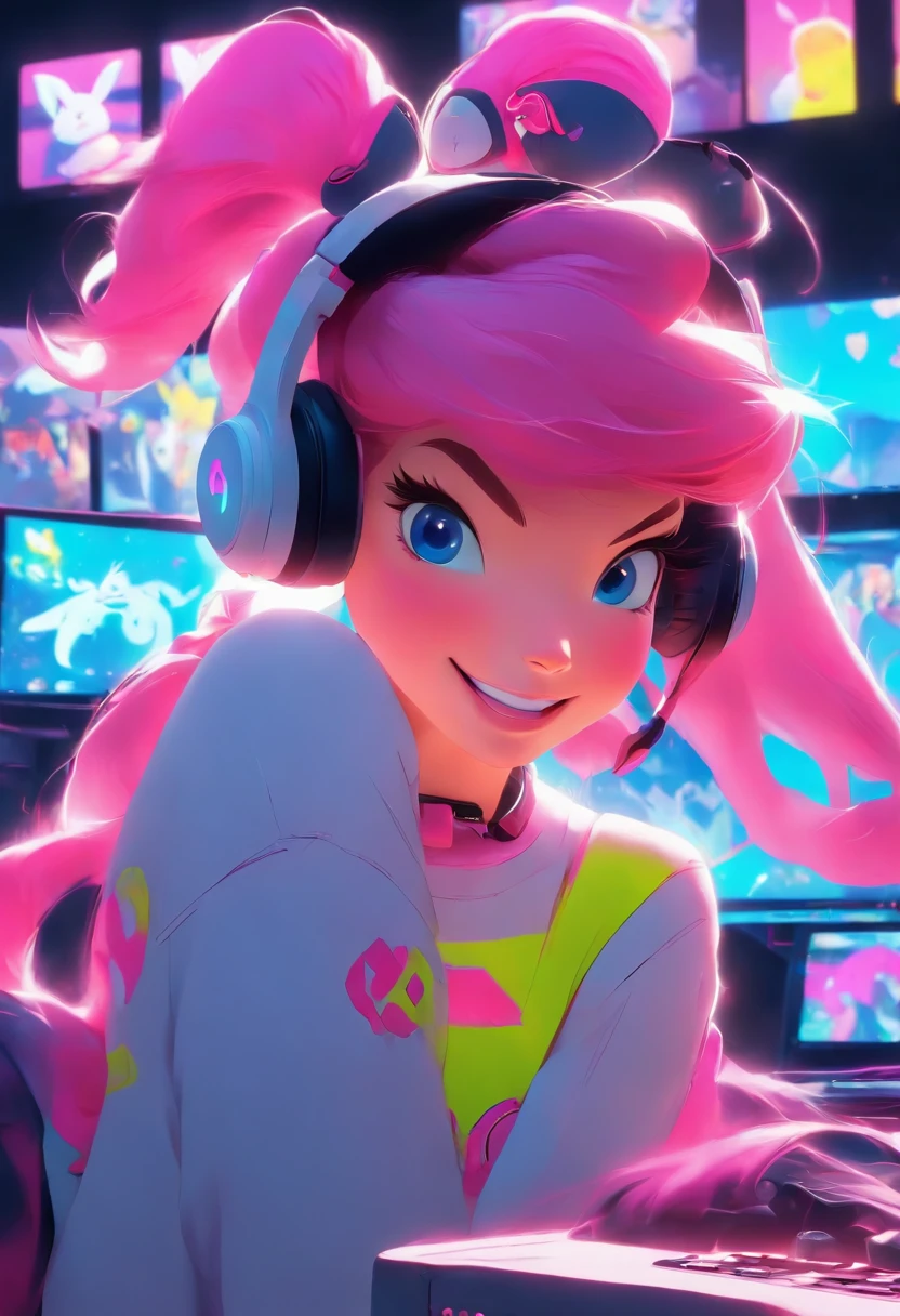 A cute girl with pink hair and blue eyes, wearing a white and pink jumpsuit and a headset with bunny ears. She is sitting in front of a computer screen, playing a video game with a controller in her hands. She has a smile on her face and a confident expression. Behind her, there are posters of her favorite anime characters and a neon sign that says “Dva”. She is wearing VR glasses that cover her eyes and connect to her headset. She is immersed in a virtual reality world, where she can be whoever she wants to be.