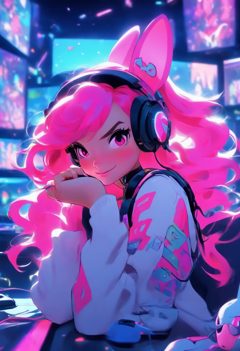 A cute girl with pink hair and blue eyes, wearing a white and pink jumpsuit and a headset with bunny ears. She is sitting in front of a computer screen, playing a video game with a controller in her hands. She has a smile on her face and a confident expression. Behind her, there are posters of her favorite anime characters and a neon sign that says “Dva”. She is wearing VR glasses that cover her eyes and connect to her headset. She is immersed in a virtual reality world, where she can be whoever she wants to be.