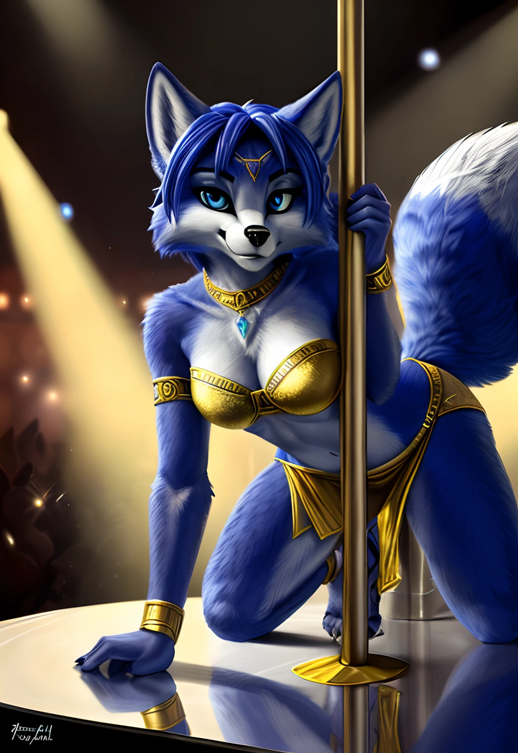 [Krystal_(starfox)], [Uploaded to e621.net; (Pixelsketcher), (foxovh), (fluffkevlar], ((masterpiece)), ((solo portrait)), ((front view)), ((feet visible)), ((furry; anthro fox)), ((detailed fur)), ((reflective lighting)), ((intricate details)), ((detailed shading)), ((beautiful render art)), {anthro; blue fur, black nose, (white body markings), short blue hair, beautiful eyes, (seductive gaze), (seductive smirk)}, {(tribal outfit), (gold strapless bra), (gold anklets), (gold bracers), (white loin cloth), (midriff), (gorgeous hips), (toeless shoes), (beautiful legs)}, {(all fours), (crawling), (pole dancing:1.2), (looking at viewer)}, [background; (club), (stage), (neon lights), (dark lighting)]