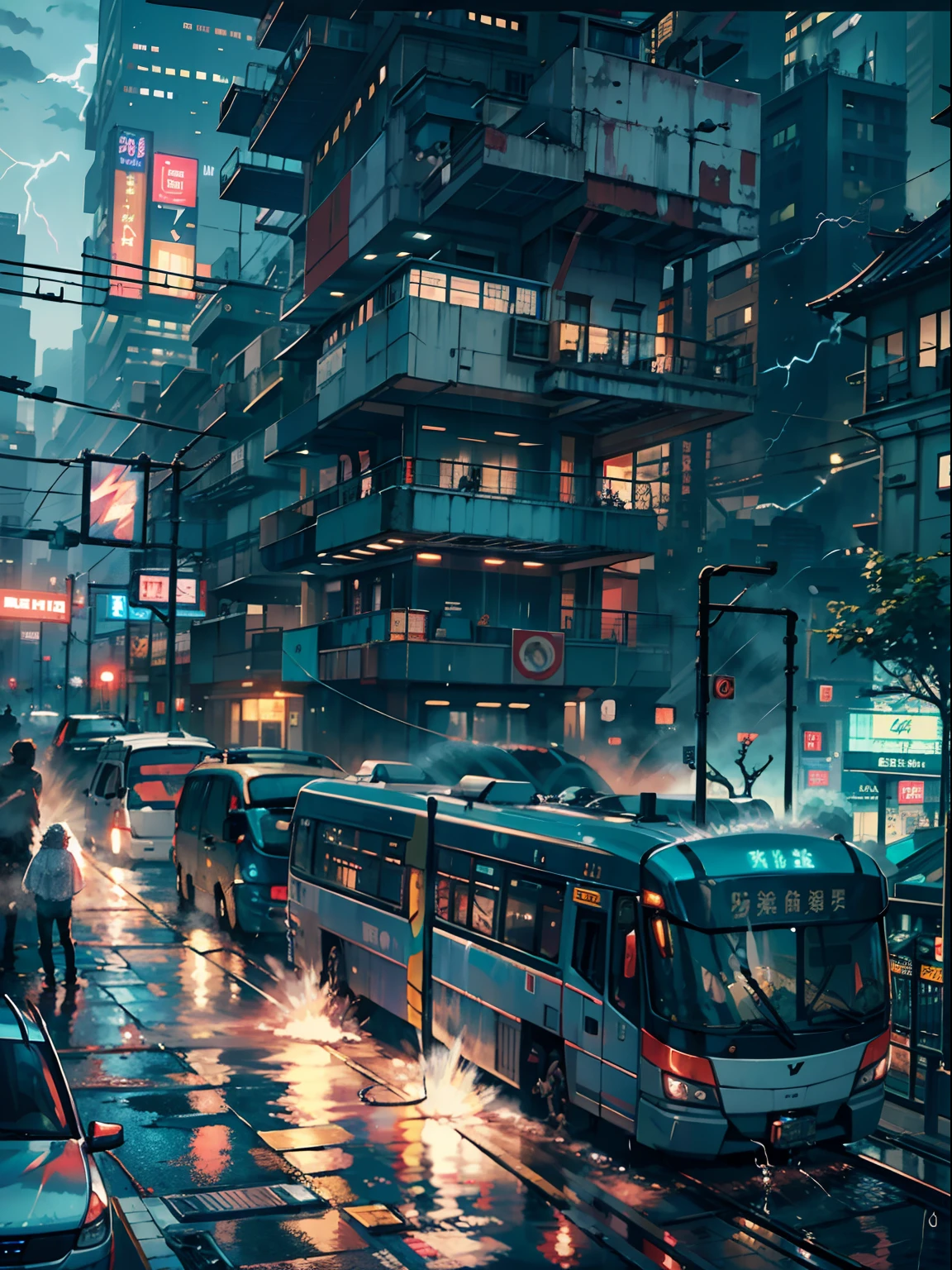 1boy,a 13 yo boy、Wet body、Cyberpunk Boy、The beginning of the adventure、(drenching:2)、(Lightning:1.5)、Lots of clouds,heavy fog、Fog,Chaotic city of the future、Movie dystopia、A group of very tall skyscrapers stands in the center、Very complex cityscape,Crowded Chinese skyscrapers、street signs、streetlights、taxis、buses、Train、Blue lighting,Dark road、Lots of puddles、Chaotic、Beautiful and fantastic scenery、Cinematic scenery、hightquality、masutepiece,in 8K、hight resolution、