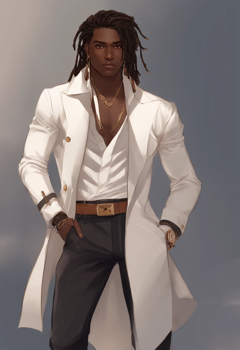 Dark-skinned young man with brown eyes and black jacket, Dreadlocks bleu clair, style dreadlock cheveux, dans un style humain, Colorful sketch, Unrealistic character concept, Personnage concept portrait de moi, detailed character portrait, Personnage de style anime, Portrait de style anime, un portrait de personnage, cel - shaded art style, Her outfit consists of a black, unbuttoned blazer with gold buttons on the front of the blazer and on the bottom of his sleeves and he wears a white V-neck shirt, pantalon blanc, une grande ceinture noire avec une boucle en or, a smaller black belt hanging from the side of her hip, et a sur les chaussures beige avec des boucles noires, inspiré par King of Fighters