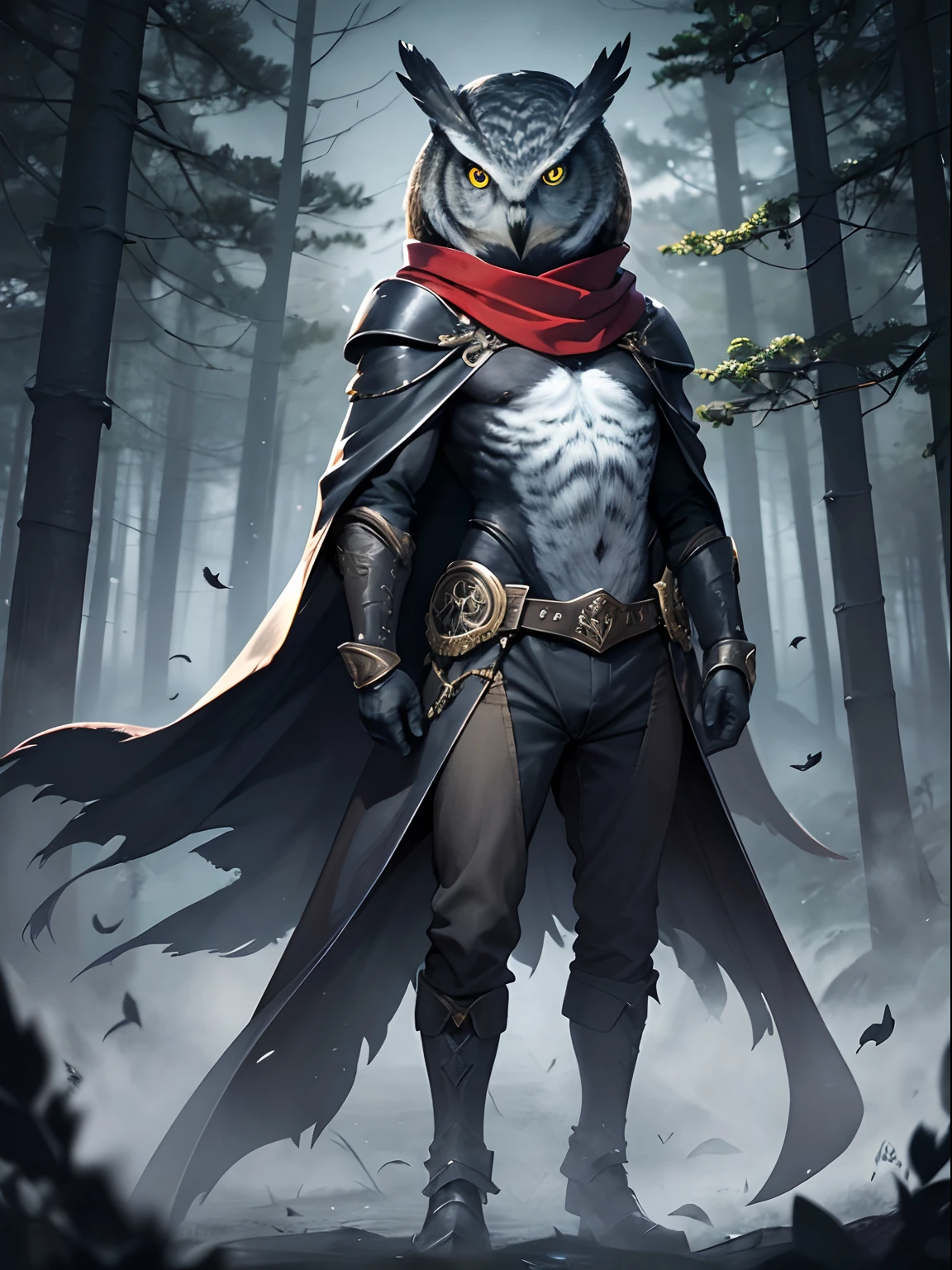 (best quality,4k,8k,highres,masterpiece:1.2),ultra-detailed,realistic,photorealistic:1.37, owl,roguish appearance,red scarf,dagger,bright yellow eyes,dark and mysterious,nighttime scenery,forest background,dappled moonlight,sharp shadows,ethereal atmosphere,silent movements,feathers fluttering,menacing presence,fierce gaze,feathery wings,sleek and agile,stealthy figure,silver moonlit glow,dangerous aura,glinting blade,swift and precise movements,intense focus,ominous vibes,ominous silence,majestic creature,piercing intelligence,enchanted forest backdrop,golden moonlit eyes, anthropomorphic owl:1.5, male:1.2, dark green cloak