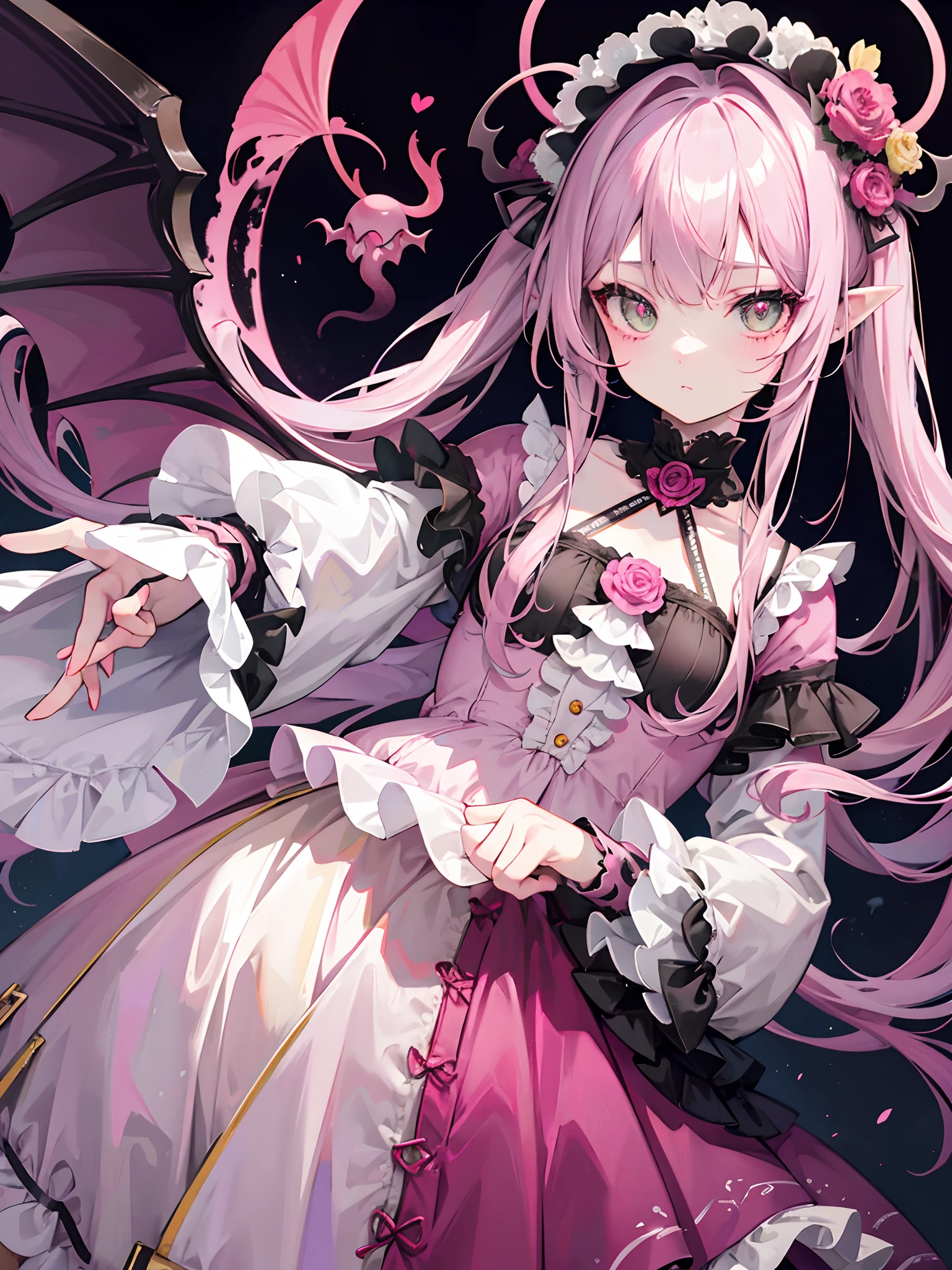 Lovely gray-pink hair,Red-green pupils,Yellow-purple clothes,Cthulhu style is deformed, weird but very beautiful ta clothes,It's a very cute sweet girl