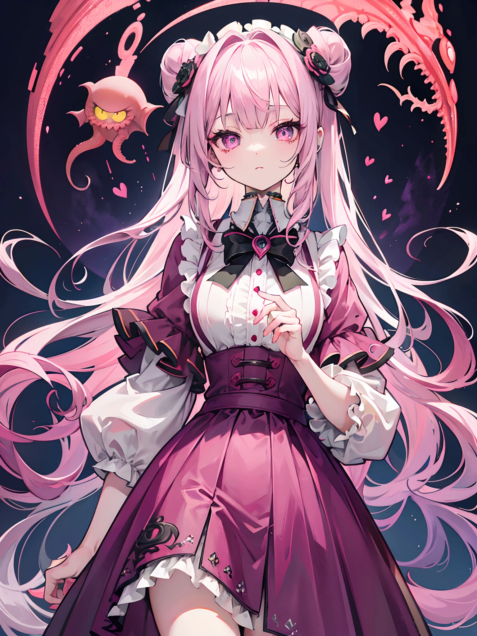 Lovely gray-pink hair,Red-green pupils,Yellow-purple clothes,Cthulhu style is deformed, weird but very beautiful Lolita clothes,It's a very cute sweet girl