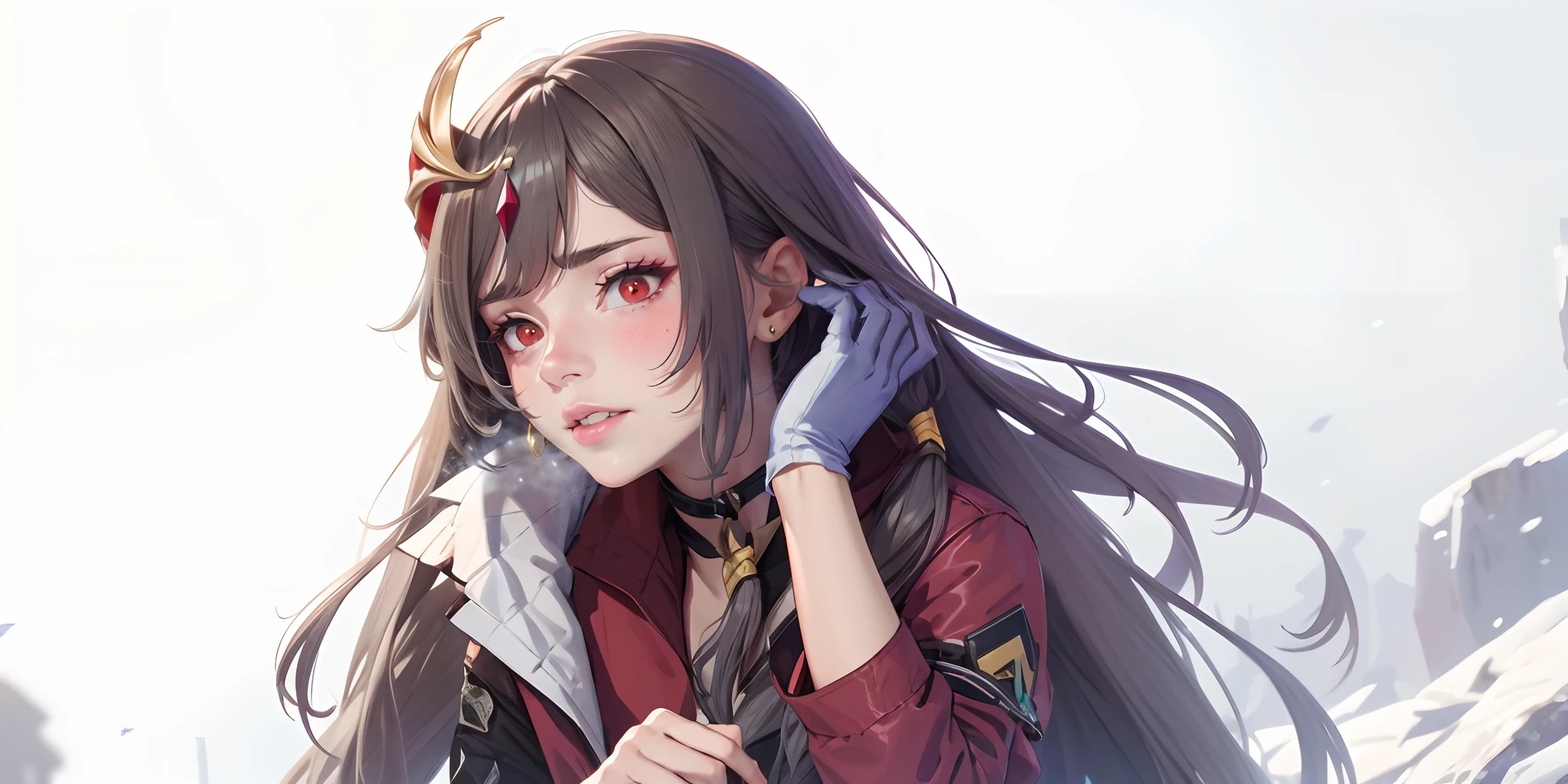 senti, (grey hair, long hair:1.5), red eyes, hair ornament, 1girl, gloves, long_hair, red_jacket, solo, lips, white_gloves, jacket, parted_lips, upper_body, adjusting_hair, looking_at_viewer, long_sleeves, hand_in_hair