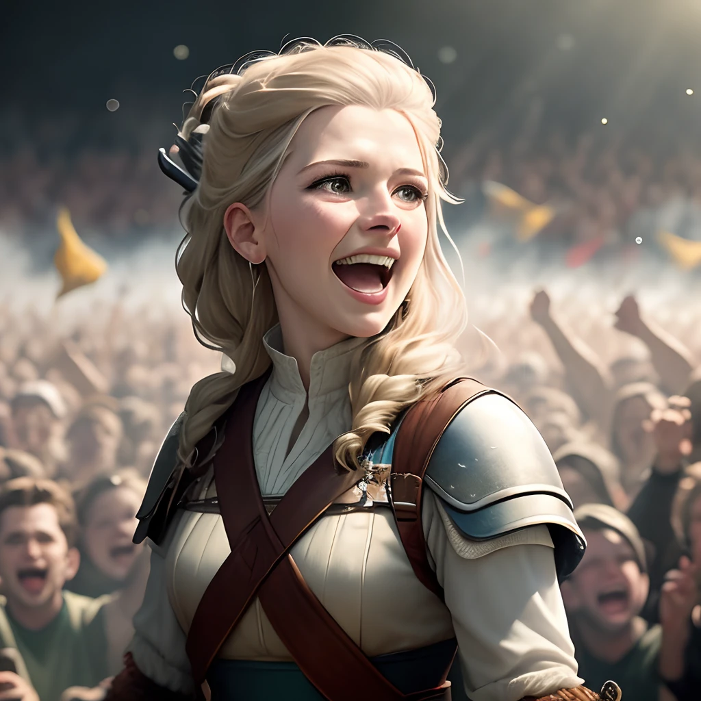 Produce an image that captures the moment where Lagertha is being hailed as a hero by her people, with a crowd cheering and celebrating her victory.