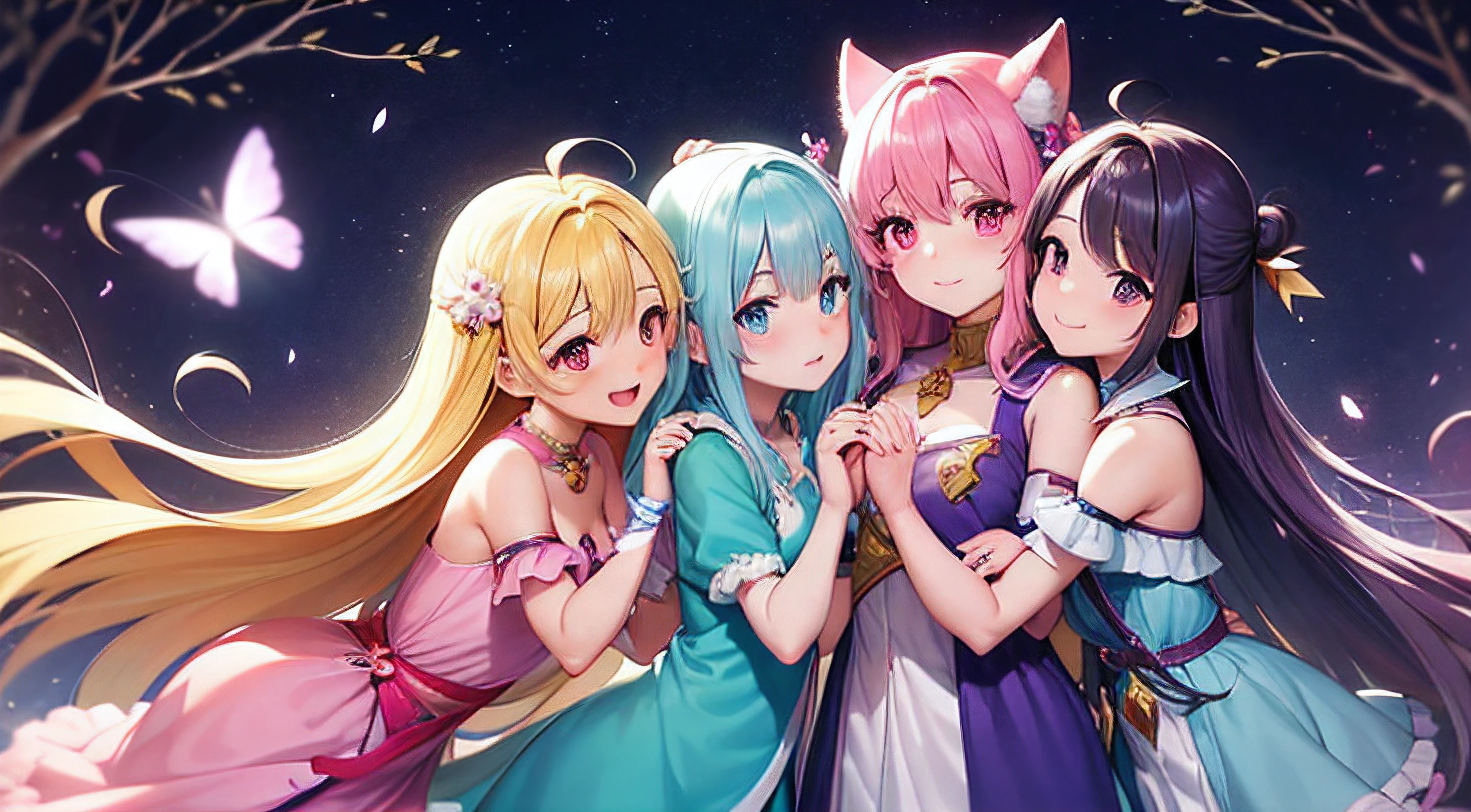 "In a whimsical, enchanted forest clearing, three adorable magical girls stand together, their eyes sparkling with joy and friendship. Each girl possesses unique, vibrant costumes that shimmer with ethereal colors - one in a gown of aquamarine, another in a robe of lavender, and the third in a dress of rosy pink. Their long, flowing hair dances in the gentle breeze, and they radiate an aura of innocence and wonder.
With wide smiles, they embrace each other warmly, forming a tight circle of affection. Their eyes are filled with a deep sense of camaraderie and trust as they share a heartwarming moment of unity. Magical butterflies and sparkling fireflies flutter around them, drawn to the pure and magical energy that emanates from their joyful bond.
This enchanting scene captures the essence of friendship, magic, and love, making it a perfect representation of three cute magical girls hugging."