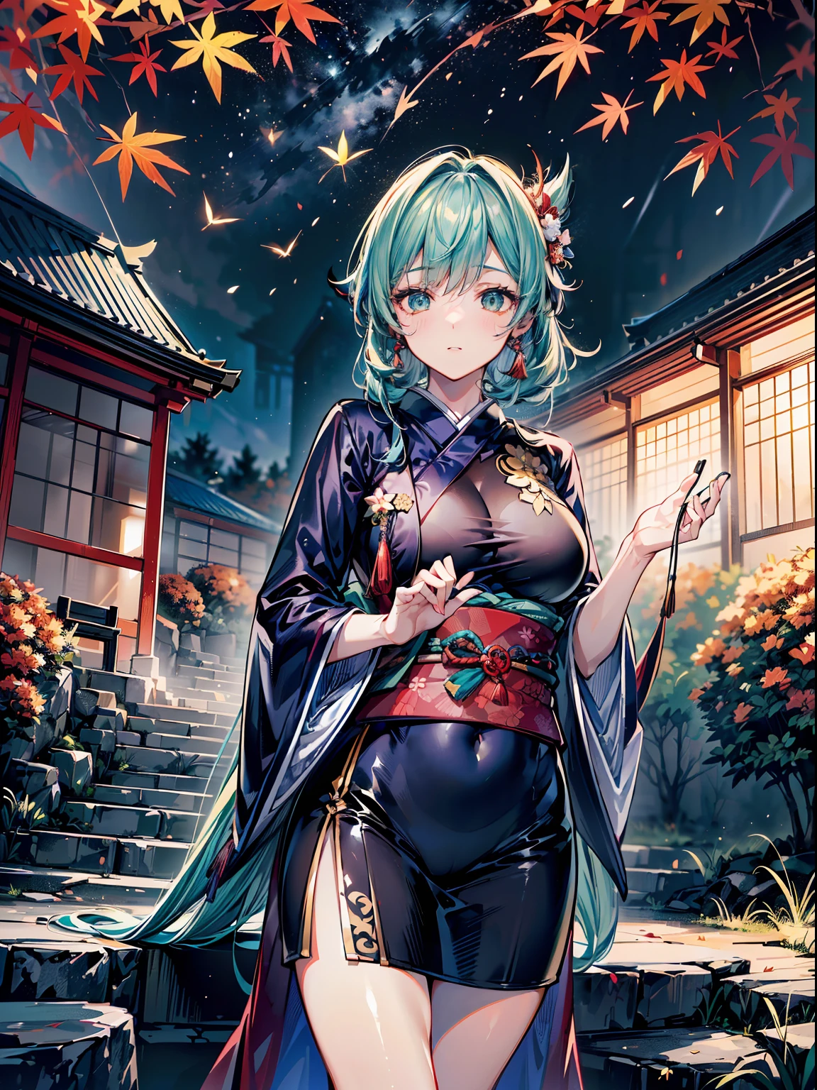 A woman wearing a green classic Chinese costume with drawings of autumn leaves, big breasts, green hair, tied up hair, orange eyes, walking on a concrete sidewalk, with bamboo trees around, lots of bamboo with bright green colors, perfect face, perfect eyes , blurred background, daytime location, with blue sky and clouds,(solo woman) ,UHD , prime work , accurate , anatomically correct , textured skin , super details , high quality , best quality, 8k, high resolution, bokeh effect.
