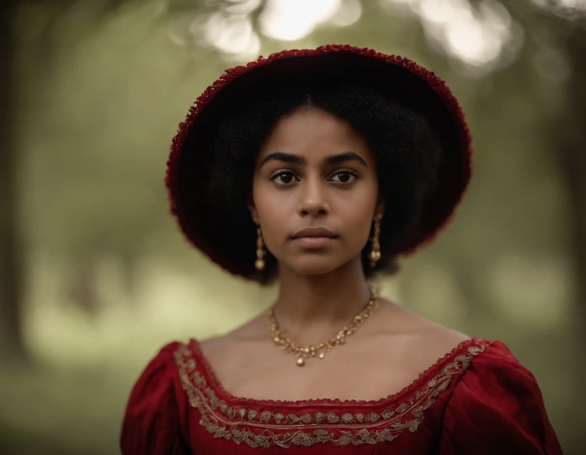 Uma jovem do Norte da Europa, 18 anos, olhos castanhos escuros, triste, cara triste, pele negra, black hair, cabelo longo preto, delineador, nariz grosso, wearing a red 19th-century Victorian dress, quarto da era vitoriana